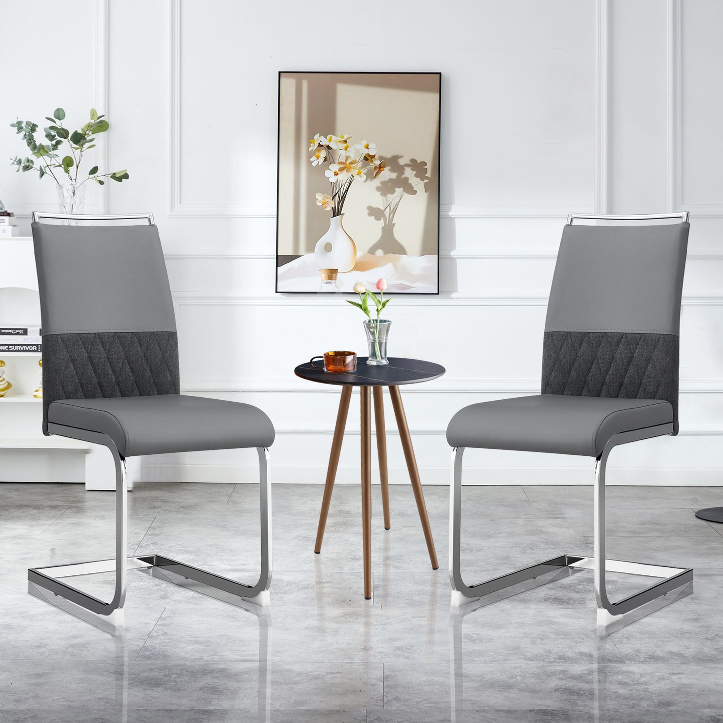 Gigab2b original image - Moderne Esszimmerstühle 2er Set, Rücklehne aus PU Kunstleder und Leinen, hoher Rücken gepolstert Side Chair, Querstreifen Rückenlehne Design für Esszimmer, Küche, Gast Bürostuhl, grau