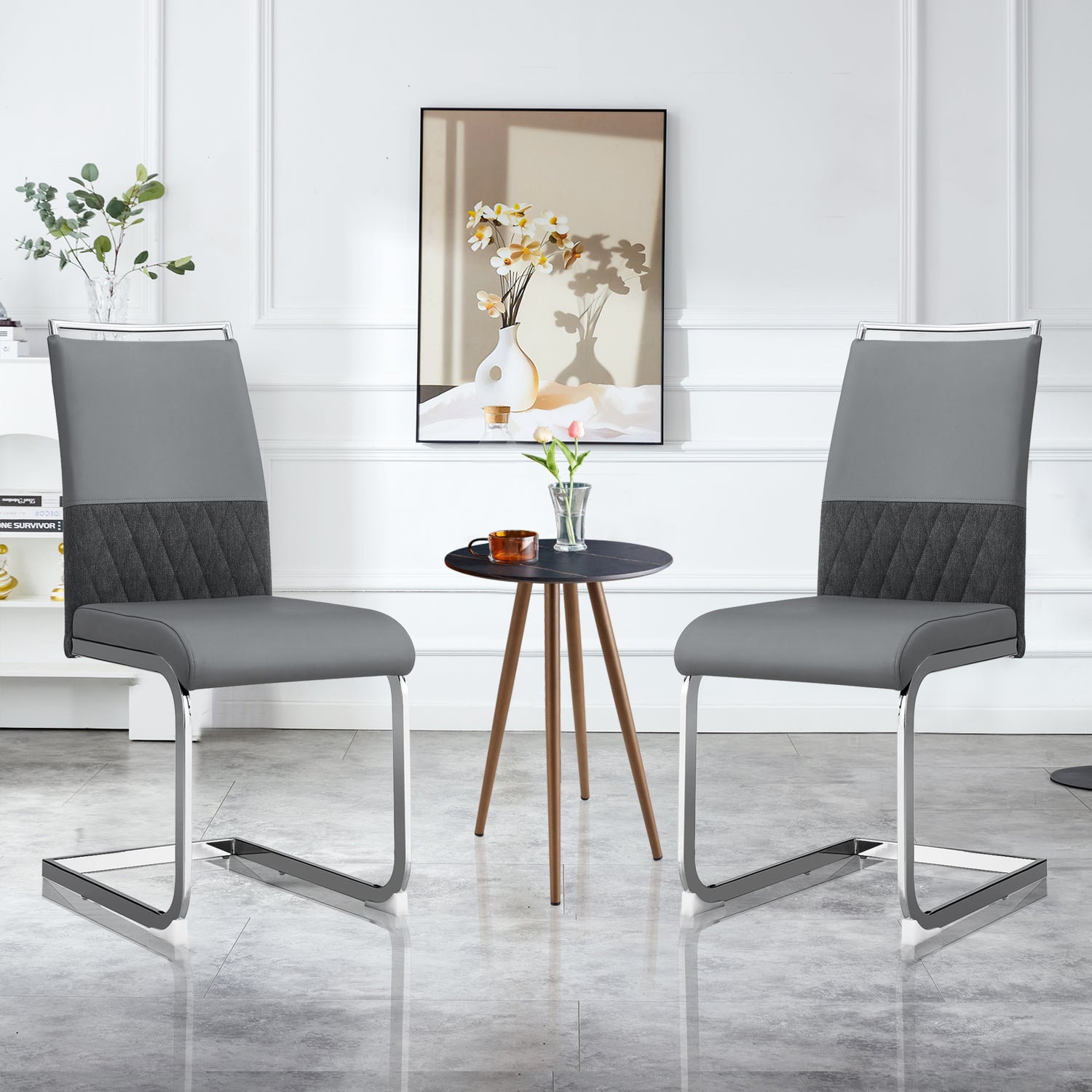 Gigab2b original image - Moderne Esszimmerstühle 2er Set, Rücklehne aus PU Kunstleder und Leinen, hoher Rücken gepolstert Side Chair, Querstreifen Rückenlehne Design für Esszimmer, Küche, Gast Bürostuhl, grau