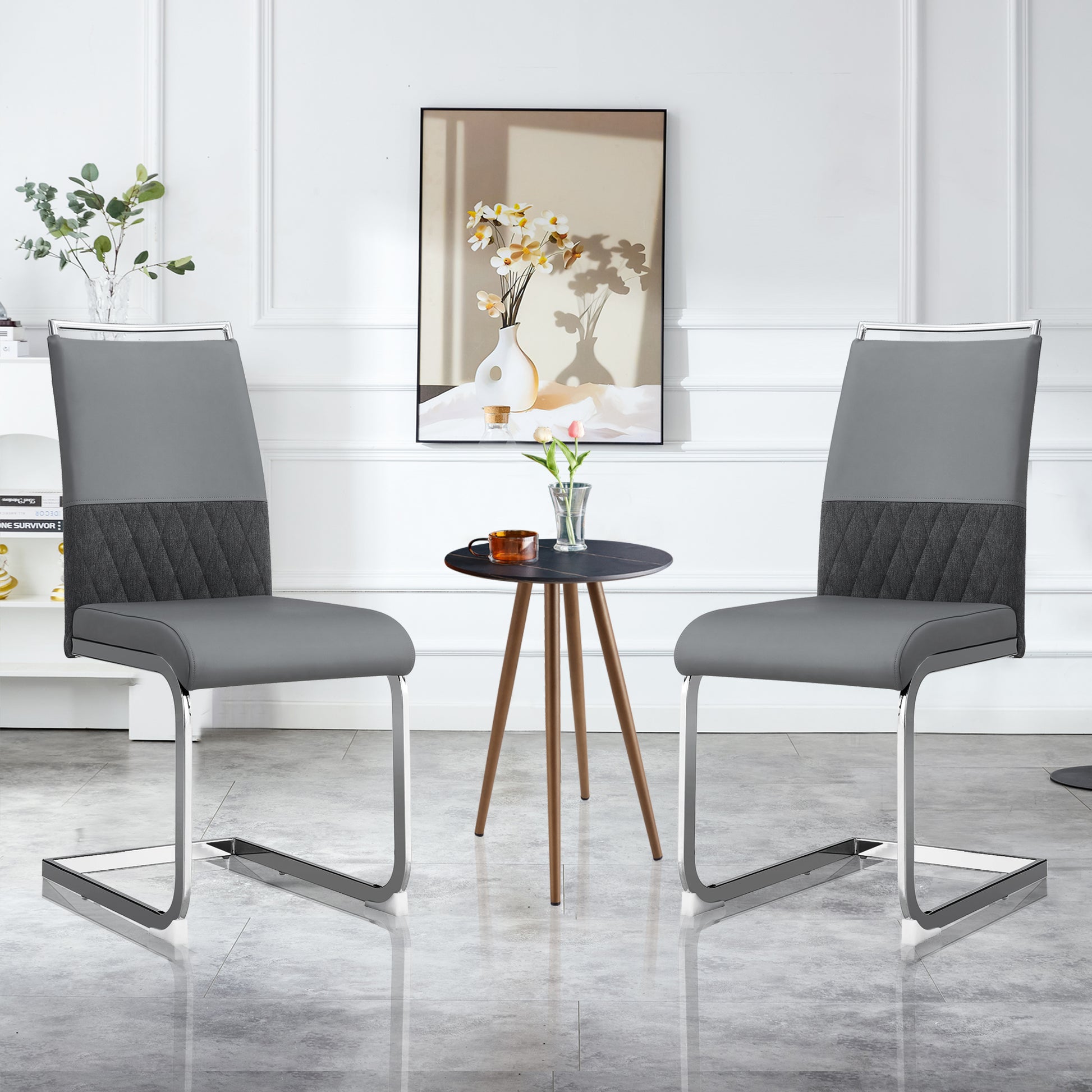 Gigab2b original image - Moderne Esszimmerstühle 2er Set, Rücklehne aus PU Kunstleder und Leinen, hoher Rücken gepolstert Side Chair, Querstreifen Rückenlehne Design für Esszimmer, Küche, Gast Bürostuhl, grau
