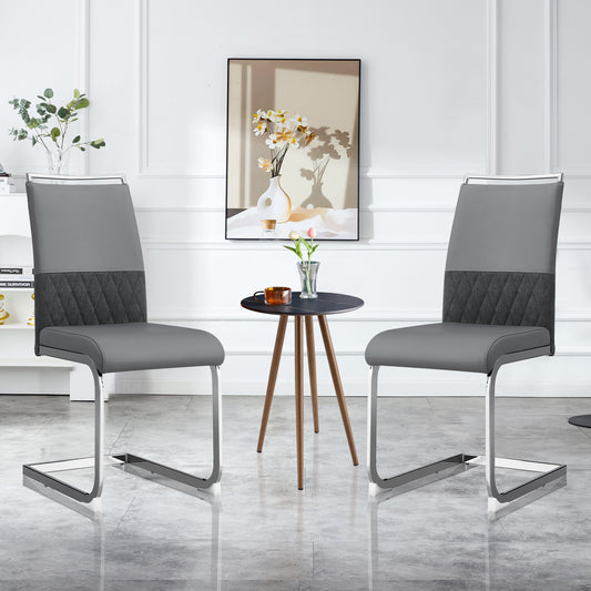 Gigab2b original image - Moderne Esszimmerstühle 2er Set, Rücklehne aus PU Kunstleder und Leinen, hoher Rücken gepolstert Side Chair, Querstreifen Rückenlehne Design für Esszimmer, Küche, Gast Bürostuhl, grau
