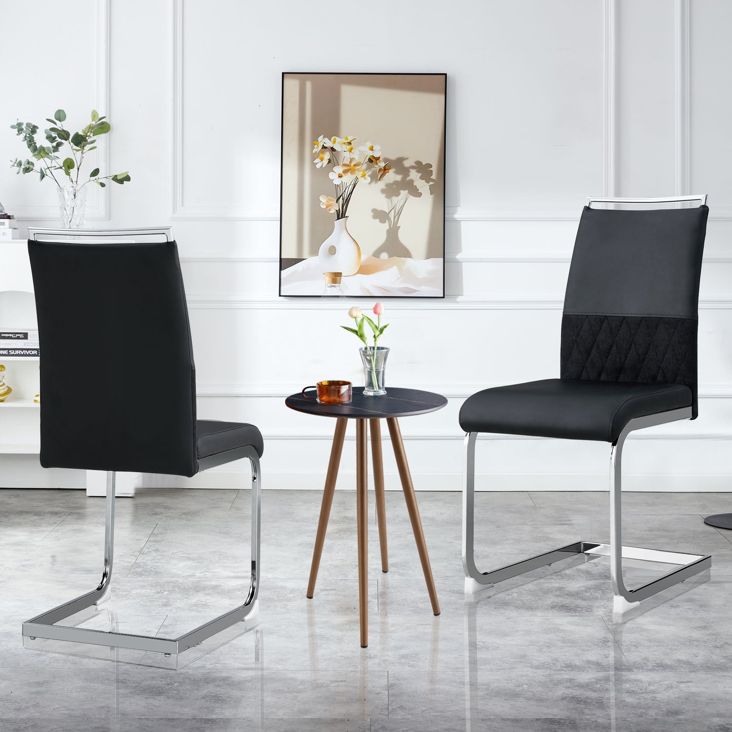 Gigab2b original image - Moderne Esszimmerstühle 2er Set, Rückenlehne aus PU Kunstleder und Leinen, hoher Rücken gepolstert Side Chair, Querstreifen Rückenlehne Design für Esszimmer, Küche, Gast Bürostuhl, schwarz