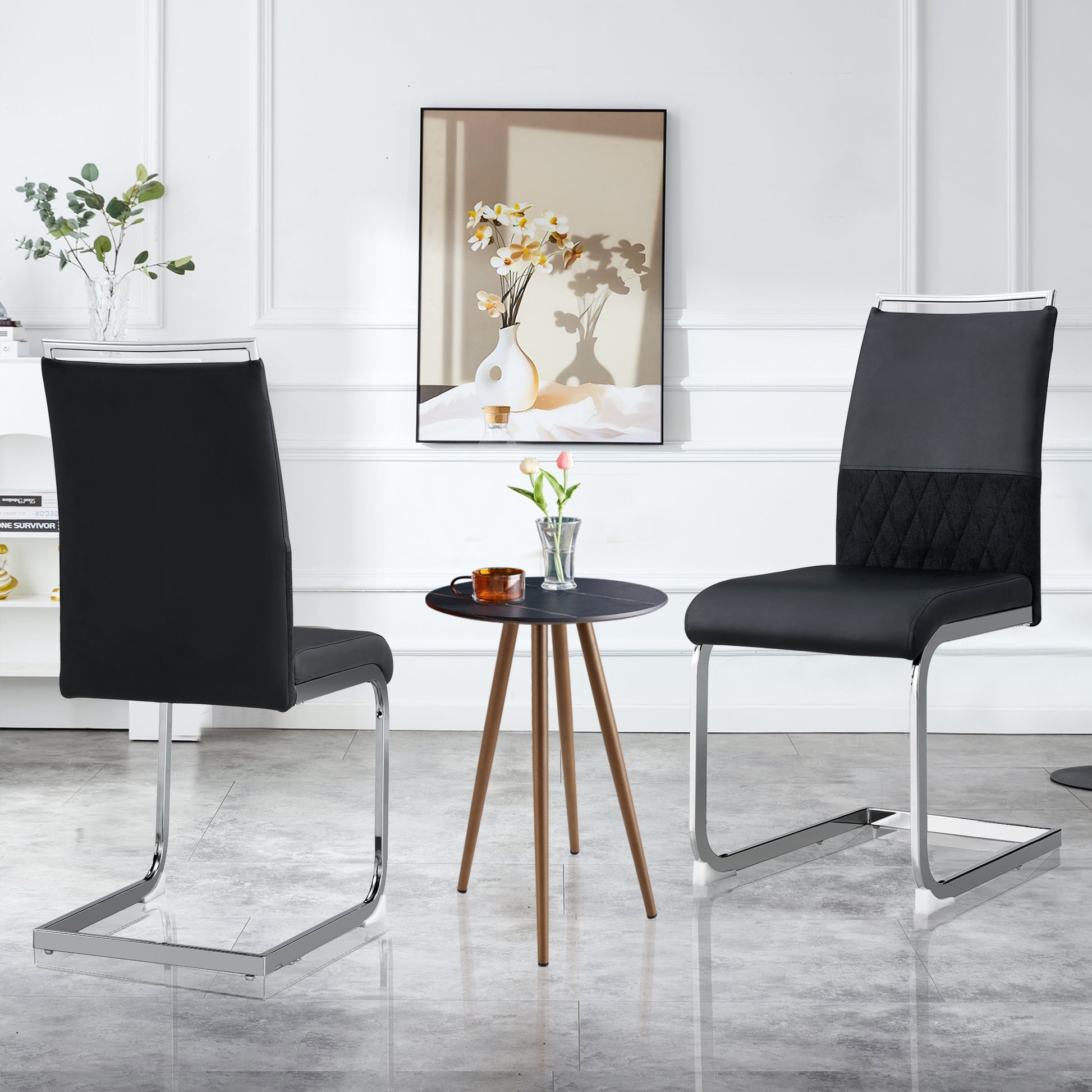 Gigab2b original image - Moderne Esszimmerstühle 2er Set, Rückenlehne aus PU Kunstleder und Leinen, hoher Rücken gepolstert Side Chair, Querstreifen Rückenlehne Design für Esszimmer, Küche, Gast Bürostuhl, schwarz