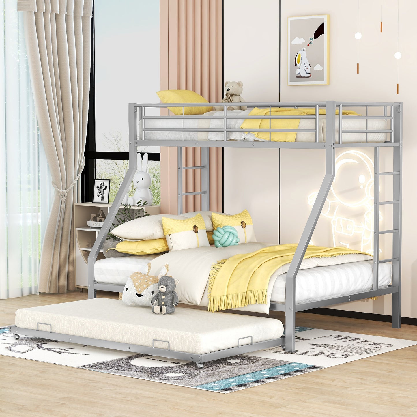 Gigab2b original image - Etagenbett, Metallbett mit ausziehbarem Bett,mit Leiter auf beiden Seiten für Kinder, Jugendliche, Erwachsene, einfach zu montieren, 90(140)x200cm, Silber