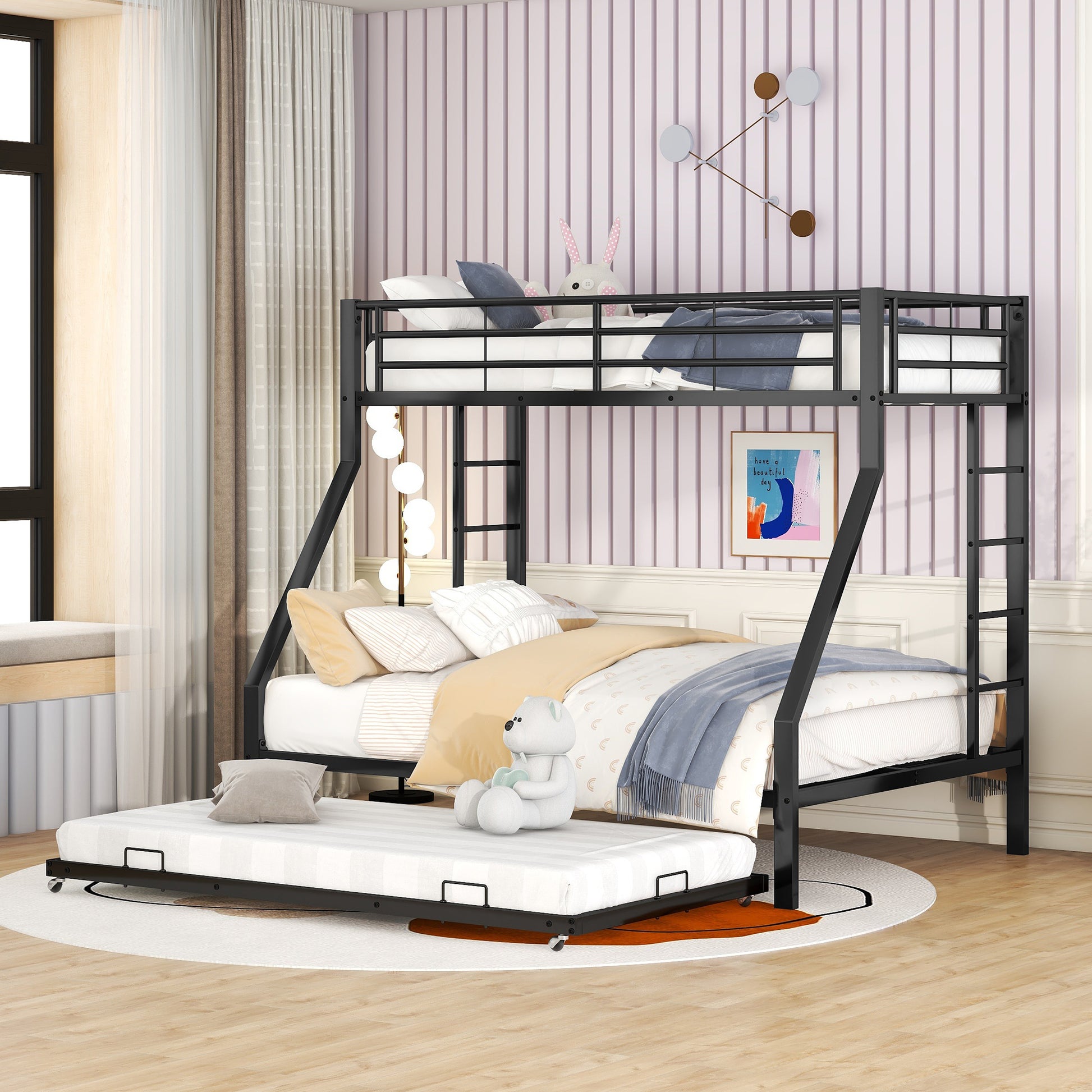 Gigab2b original image - Etagenbett, Metallbett mit ausziehbarem Bett,mit Leiter auf beiden Seiten für Kinder, Jugendliche, Erwachsene, einfach zu montieren, 90(140)x200cm, schwarz