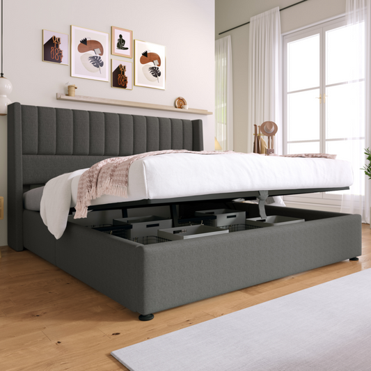 Gigab2b original image - Stauraumbett Polsterbett Hydraulisch Doppelbett 180x200cm, Lattenrost aus Holz, Bett mit Lattenrost aus Metallrahmen, Leinen, Grau
