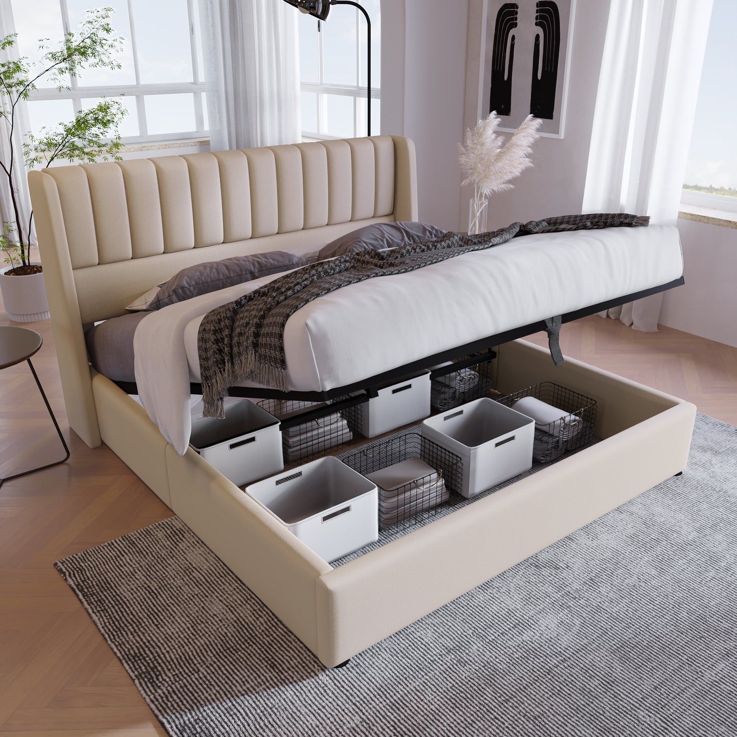 Gigab2b original image - Stauraumbett Polsterbett Hydraulisch Doppelbett 160x200cm, Lattenrost aus Holz, Bett mit Lattenrost aus Metallrahmen, Leinen, Beige