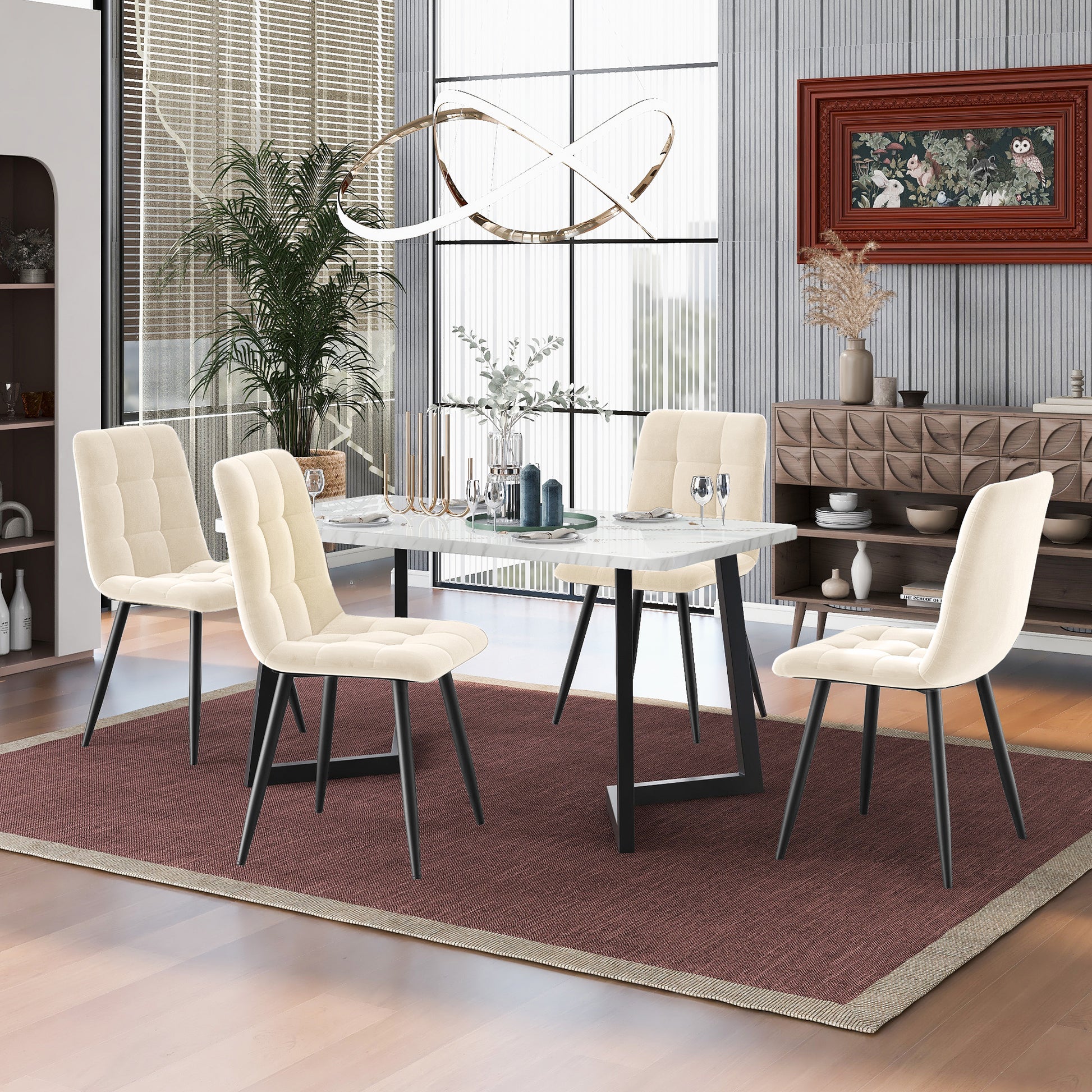 117cm Esstisch mit 4 Stühlen Set, Rechteckiger Esstisch  Moderner Küchentisch Set ,Esszimmerstuhl Beige Samt Küchenstuhl,Schwarze Tischbeine