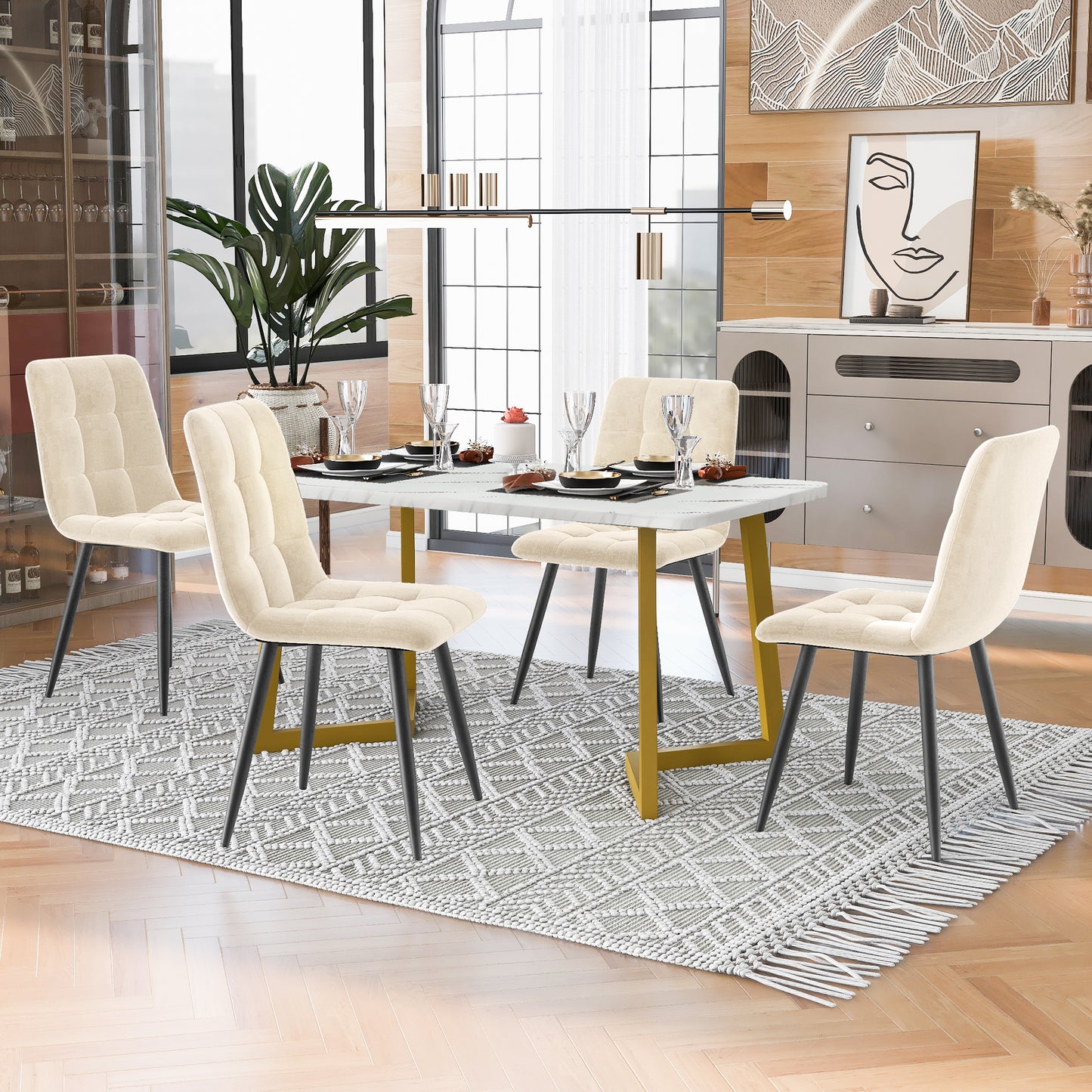 117cm Esstisch mit 4 Stühlen Set, Rechteckiger Esstisch  Moderner Küchentisch Set ,Esszimmerstuhl Beige Samt Küchenstuhl,Golden Tischbeine