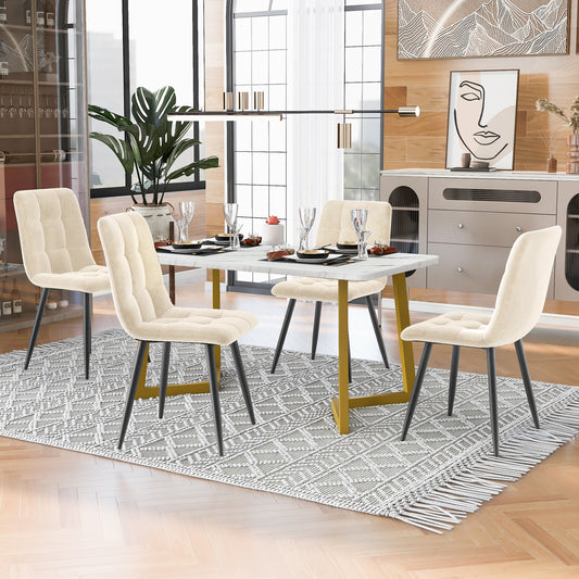 117cm Esstisch mit 4 Stühlen Set, Rechteckiger Esstisch  Moderner Küchentisch Set ,Esszimmerstuhl Beige Samt Küchenstuhl,Golden Tischbeine