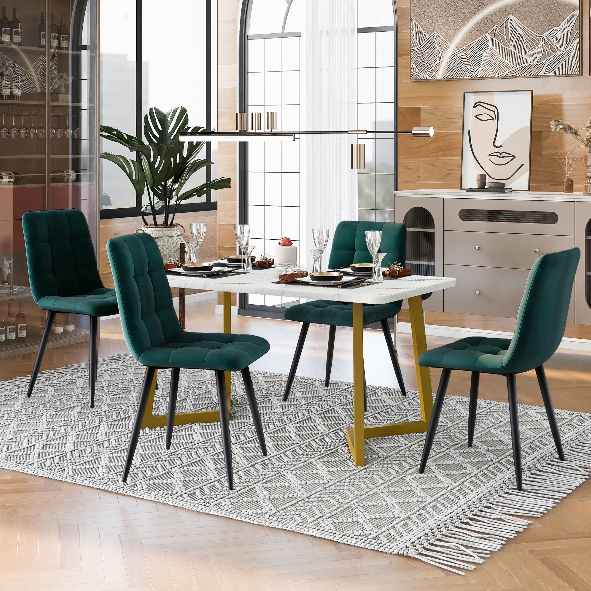 117cm Esstisch mit 4 Stühlen Set, Rechteckiger Esstisch  Moderner Küchentisch Set ,Esszimmerstuhl Dunkelgrün Samt Küchenstuhl,Golden Tischbeine