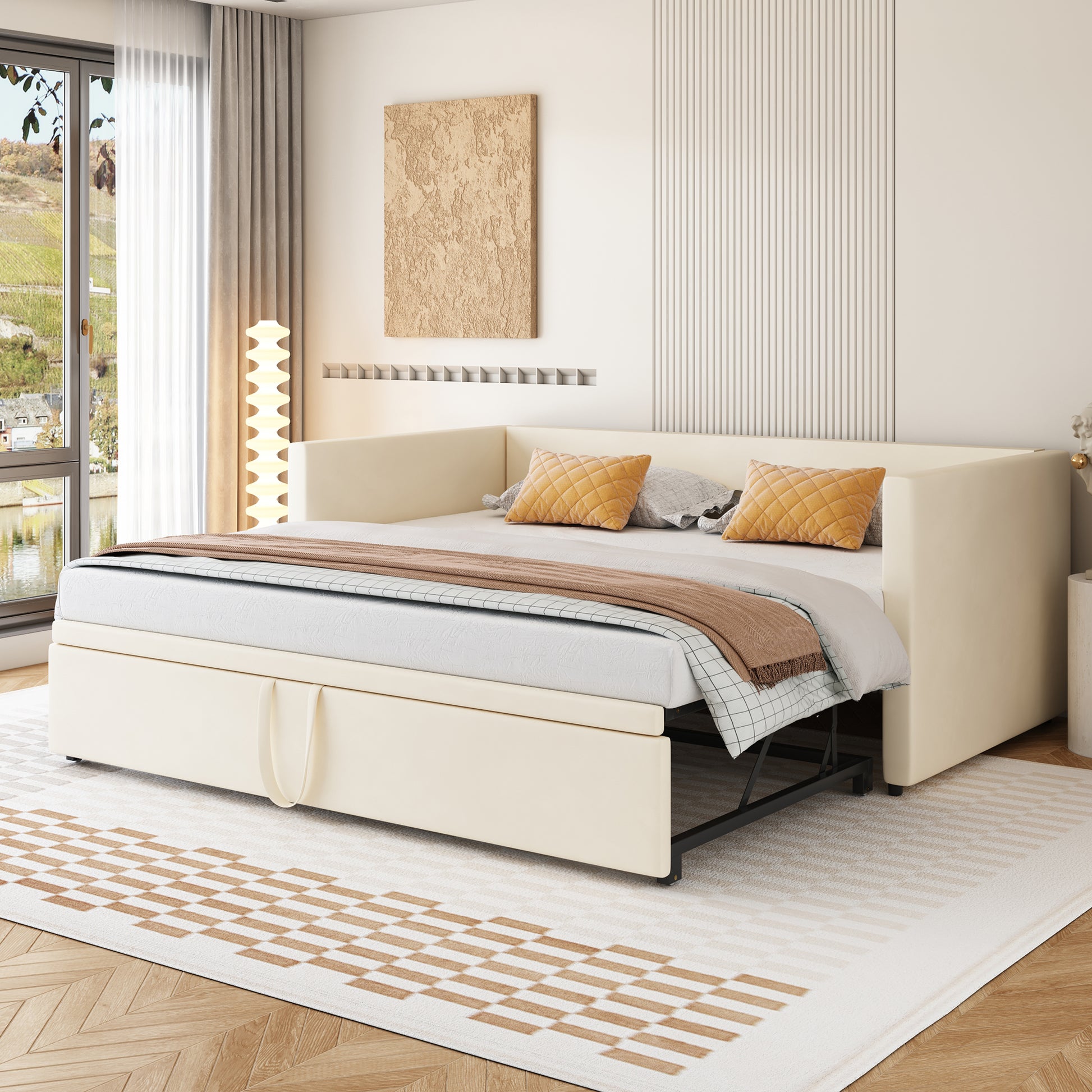 Gigab2b original image - Polsterbett Ausziehbares Schlafsofa 90/180*200 cm  mit Lattenrosten, Multifunktionsbett aus hautfreundlichem Samtstoff Beige