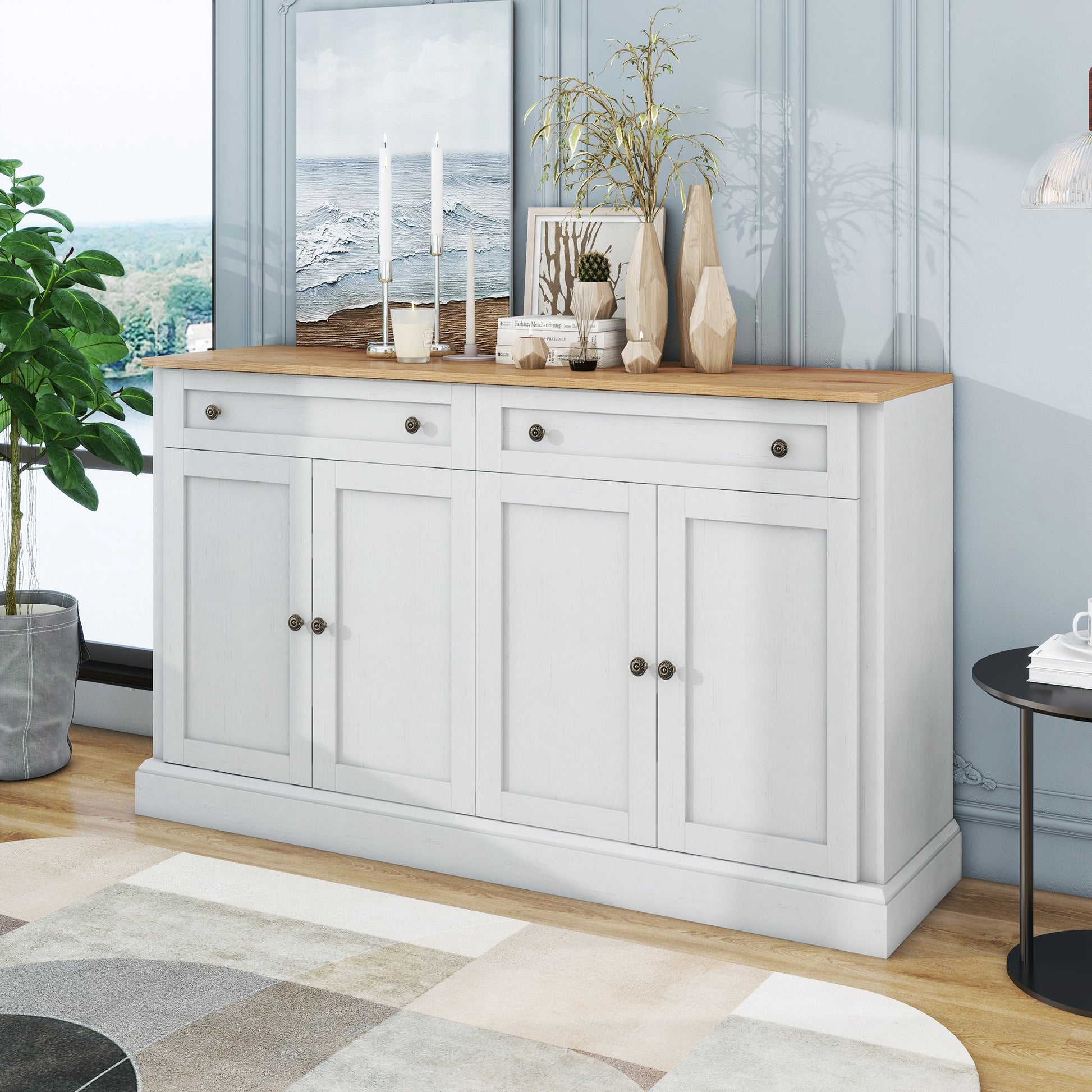 Gigab2b original image - Großes Sideboard mit 4 Türen und 2 Schubladen, moderner Buffetschrank für Esszimmer und Wohnzimmer, 150 x 86 x 40 cm (L/B/H) – (Antikweiß+Naturholz)