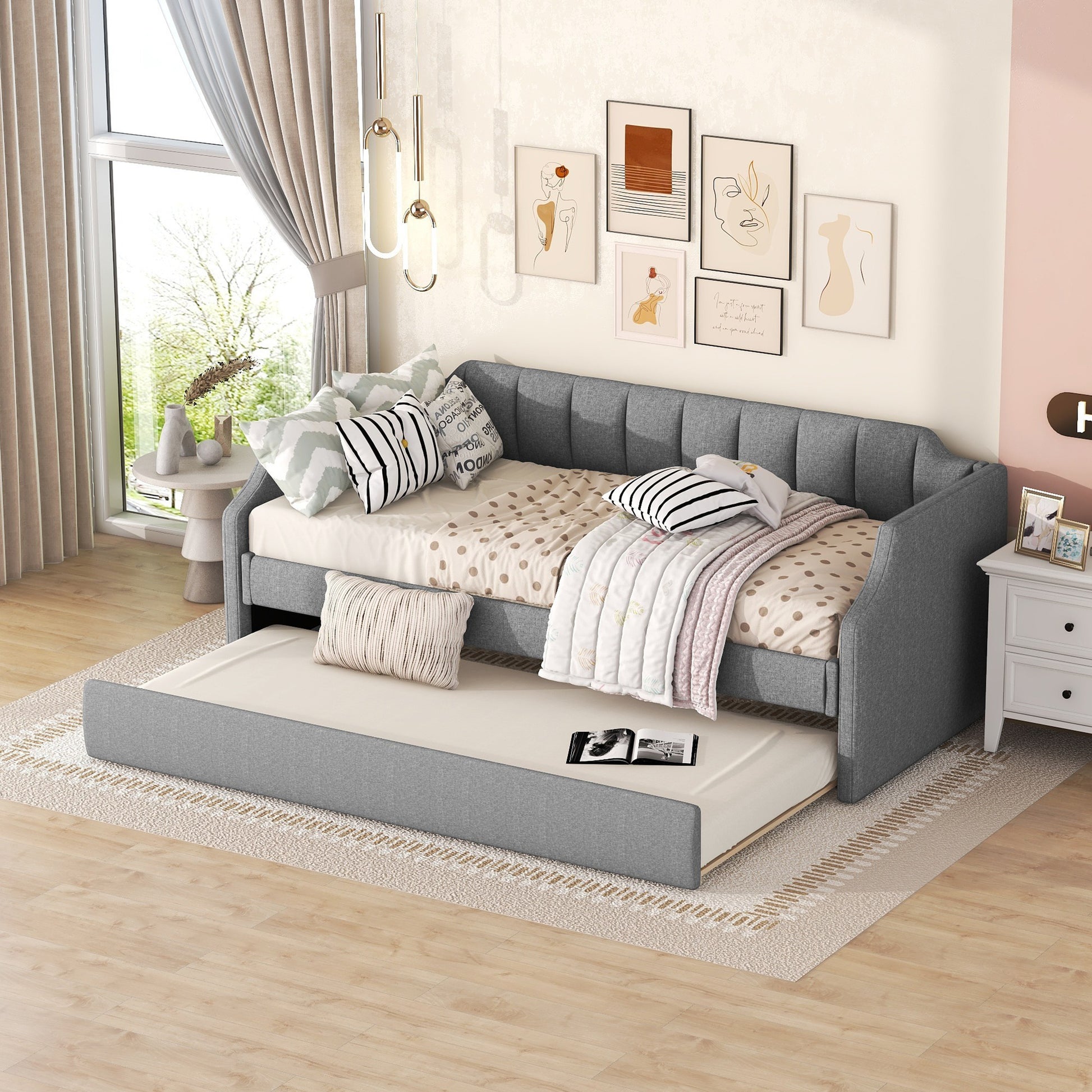 90 x 200(190) DAY-Betten, Gepolstertes Einzeltagesbett mit Rollbett, Grau