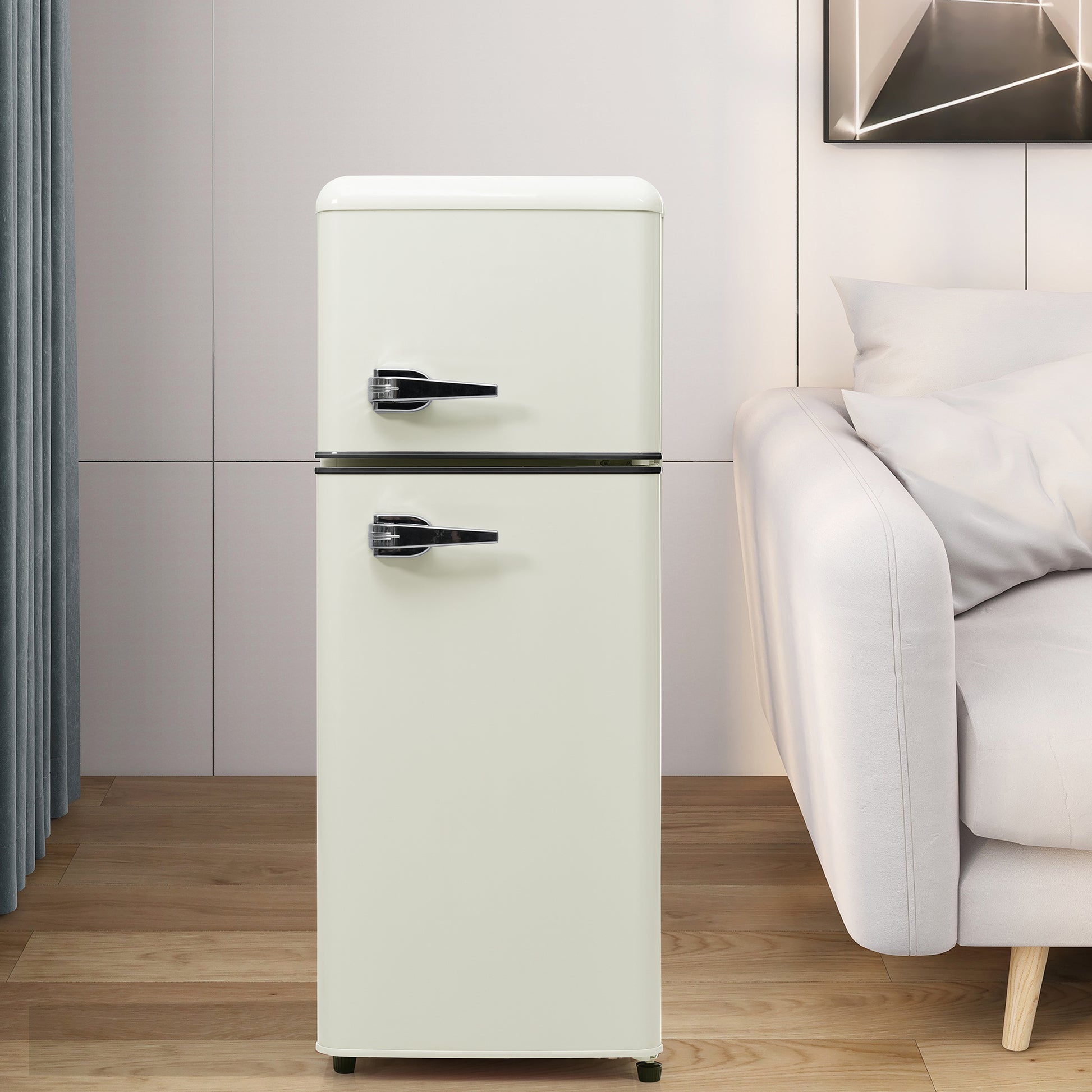 Gigab2b original image - Retro-Kühlschrank. Kühl-Gefrier-Kombination, 105.5 cm hoch, 41 cm breit, zweitürig, mit 92 Liter Gesamtvolumen, 28 Liter Gefriervolumen. Türregale und Glasregale. 116 kWh/Jahr, -27°C ~13°C, LED-Licht.
