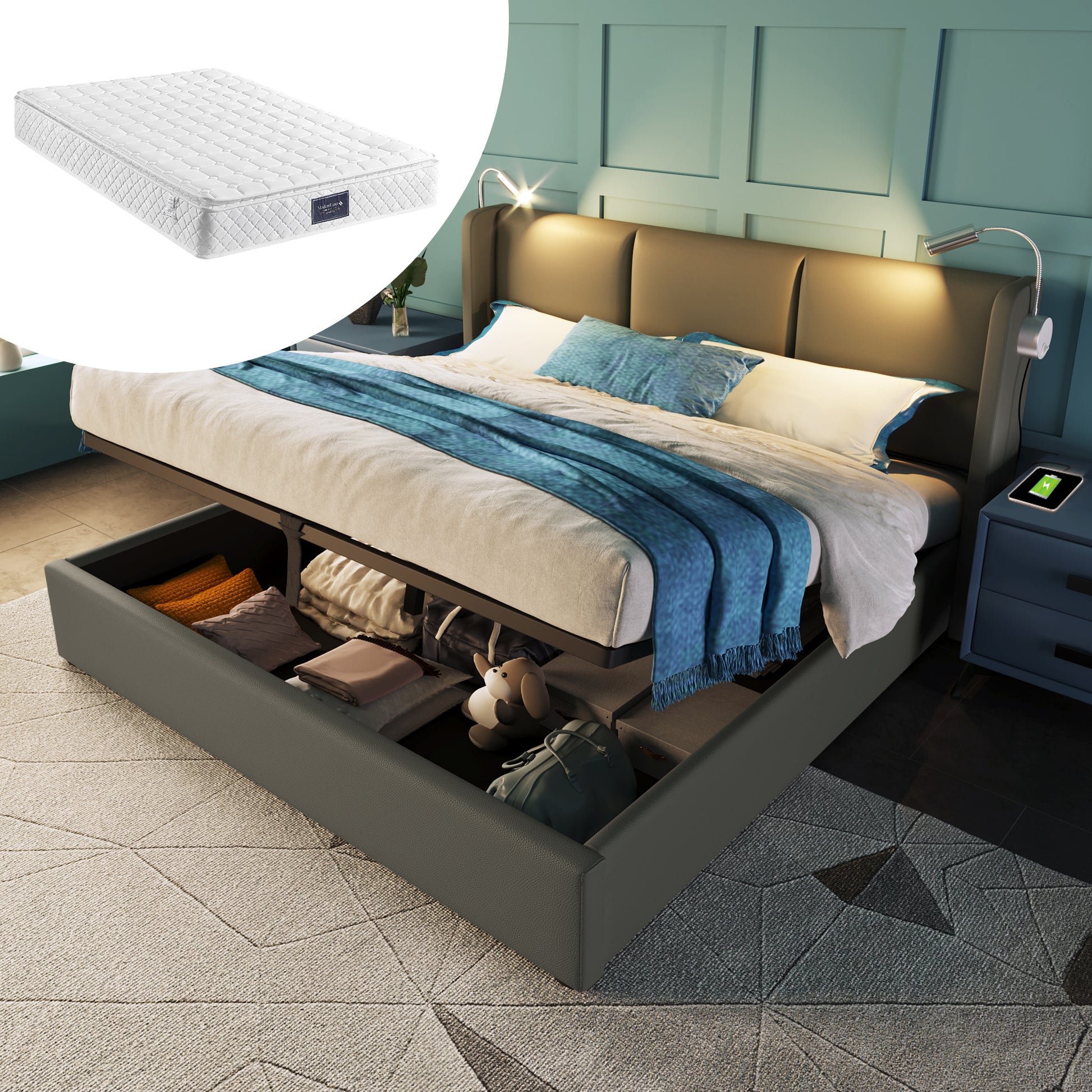 Gigab2b original image - Polsterbett Doppelbett Stauraum Bettkasten Leselicht mit Ladefunktion Kopfteil,Stauraumbetten Bettgestell PU Jugendbett 160x200 mit lattenrost(Mit Matratze)