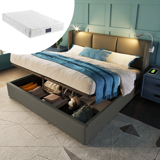 Gigab2b original image - Polsterbett Doppelbett Stauraum Bettkasten Leselicht mit Ladefunktion Kopfteil,Stauraumbetten Bettgestell PU Jugendbett 160x200 mit lattenrost(Mit Matratze)