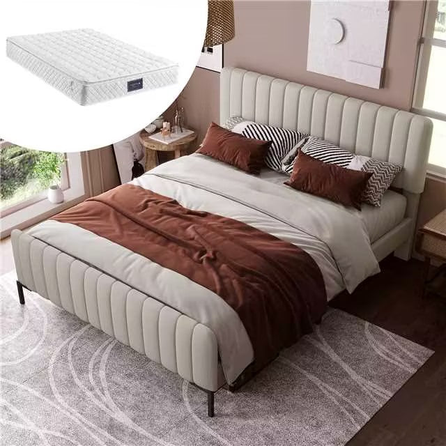 Gigab2b original image - Polsterbett Einzelbett 140 x 200 cm, Bettgestell mit Lattenrost und Verstellbares Kopfteil, Gepolstertes bett in Grau-Beige,Bettrahmen Jugendbett für Schlafzimmer Gästezimmer-Leinenmaterial(Mit Matrat