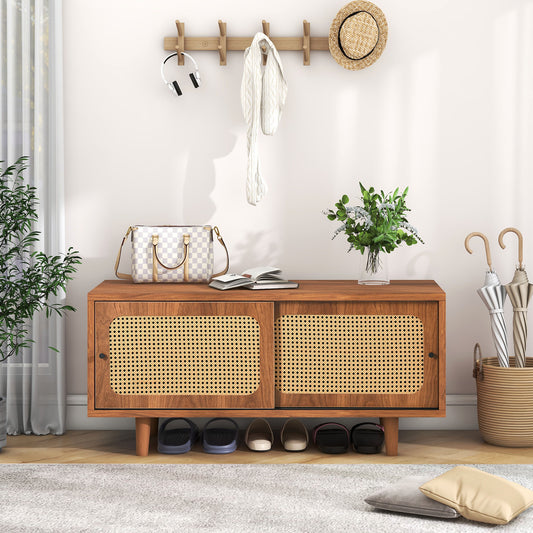 Gigab2b original image - Rattan Schuhschrank mit 2 Türen mit verstellbare Ablage Walnussfarbe
 formschöner Schuhschrank für Flur, Wohn- und Schlafzimmer,104*40*48 cm