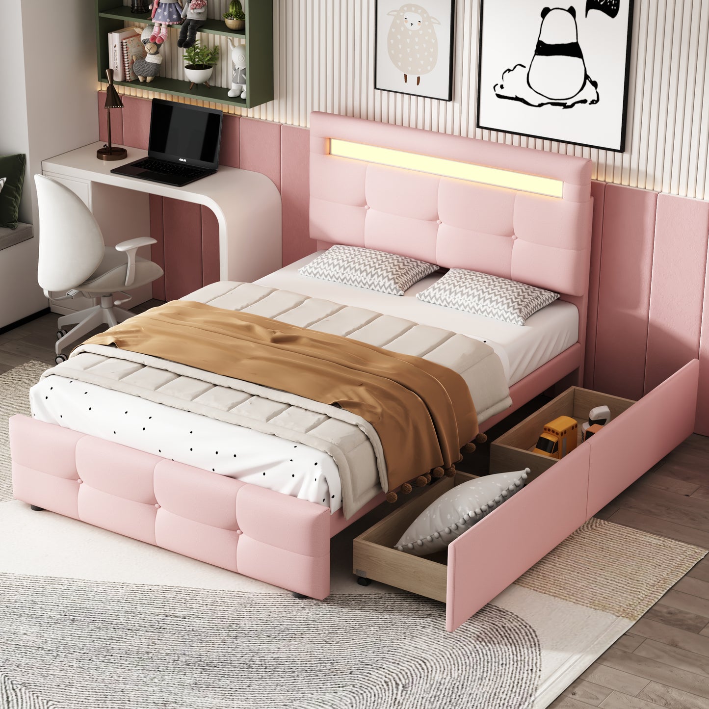 Gigab2b original image - Polsterbett 90*200cm mit LED-Leuchten, 2 Schubladen, hautfreundlicher Leinenpolsterung flach Einzelbett Kinderbett Jugendbett Gästebett (Rosa)