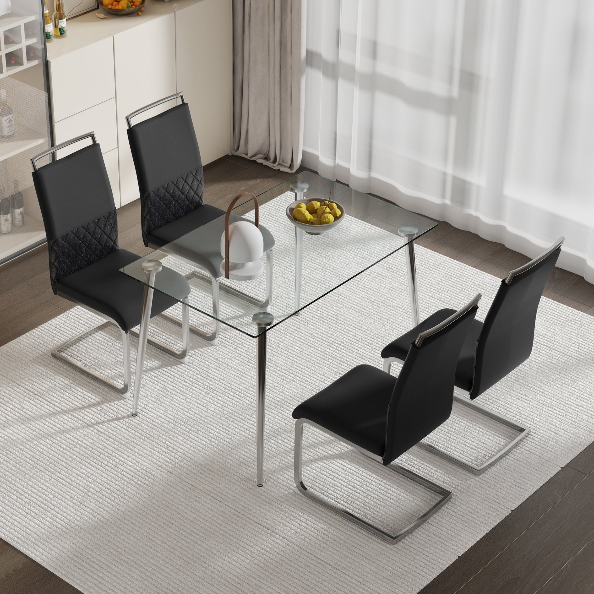Gigab2b original image - Moderne Esszimmerstühle 4er Set, Rückenlehne aus PU Kunstleder und Leinen, hoher Rücken gepolstert Side Chair, Querstreifen Rückenlehne Design für Esszimmer, Küche, Gast Bürostuhl, schwarz