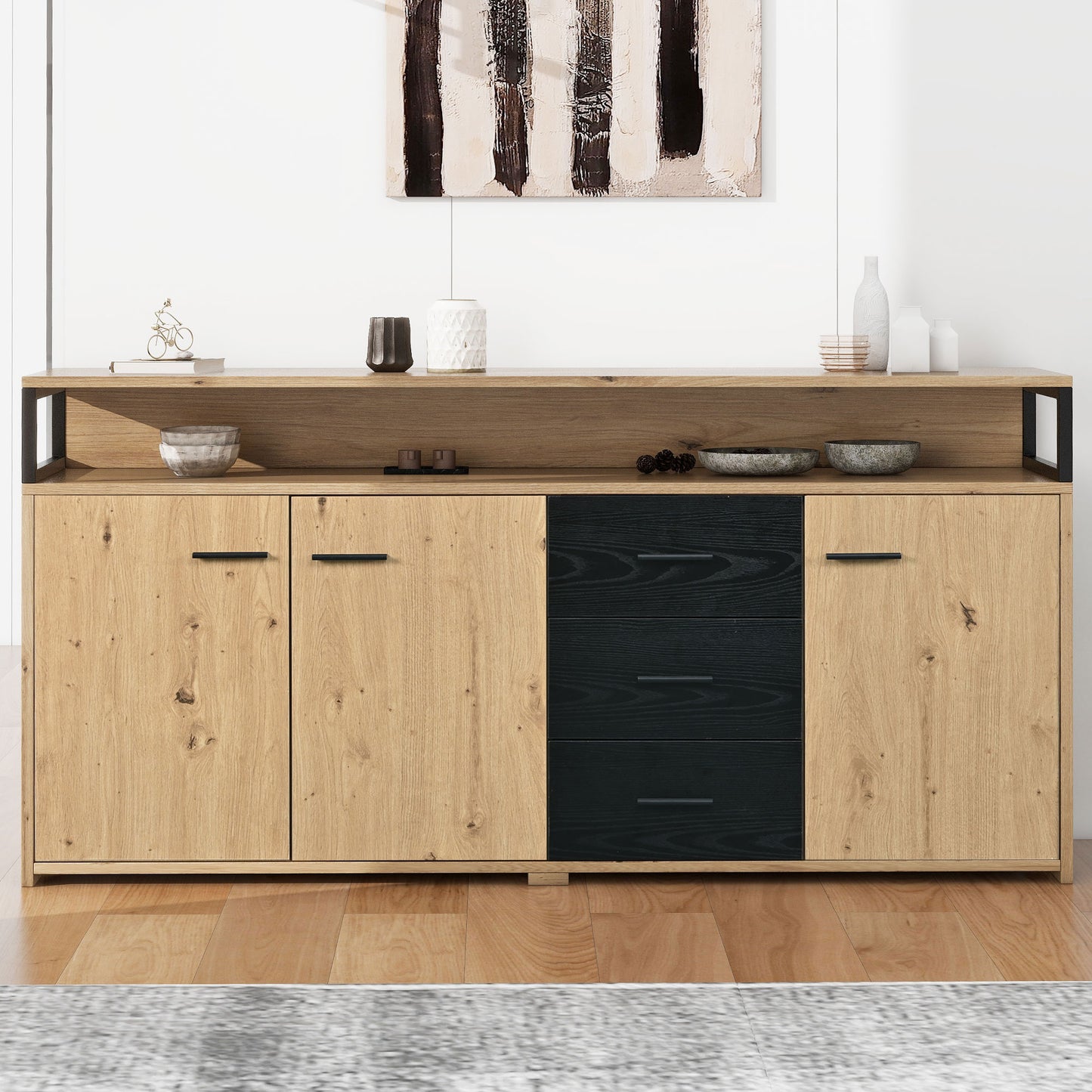 Gigab2b original image - Industrielles Sideboard mit drei Türen und drei Schubladen Kommode Küchenschrank, Mehrzweckschrank, Aufbewahrungsschrank Highboard mit Metallgriffe für Schlafzimmer & Wohnräume & Büro 150*35*75.9cm