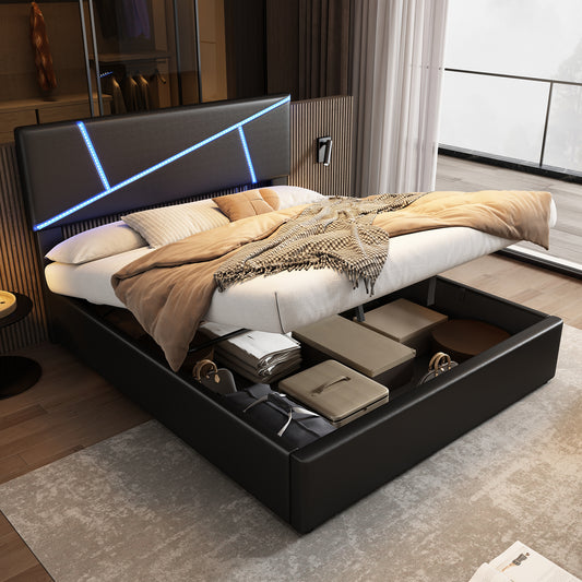 Bequemes Polsterbett mit LED-Lichtleisten,140*200 cm, Doppelbett mit Lattenrost, Rückenlehne, hydraulisches Funktionsbett, Synthetisches Leder, Schwarz