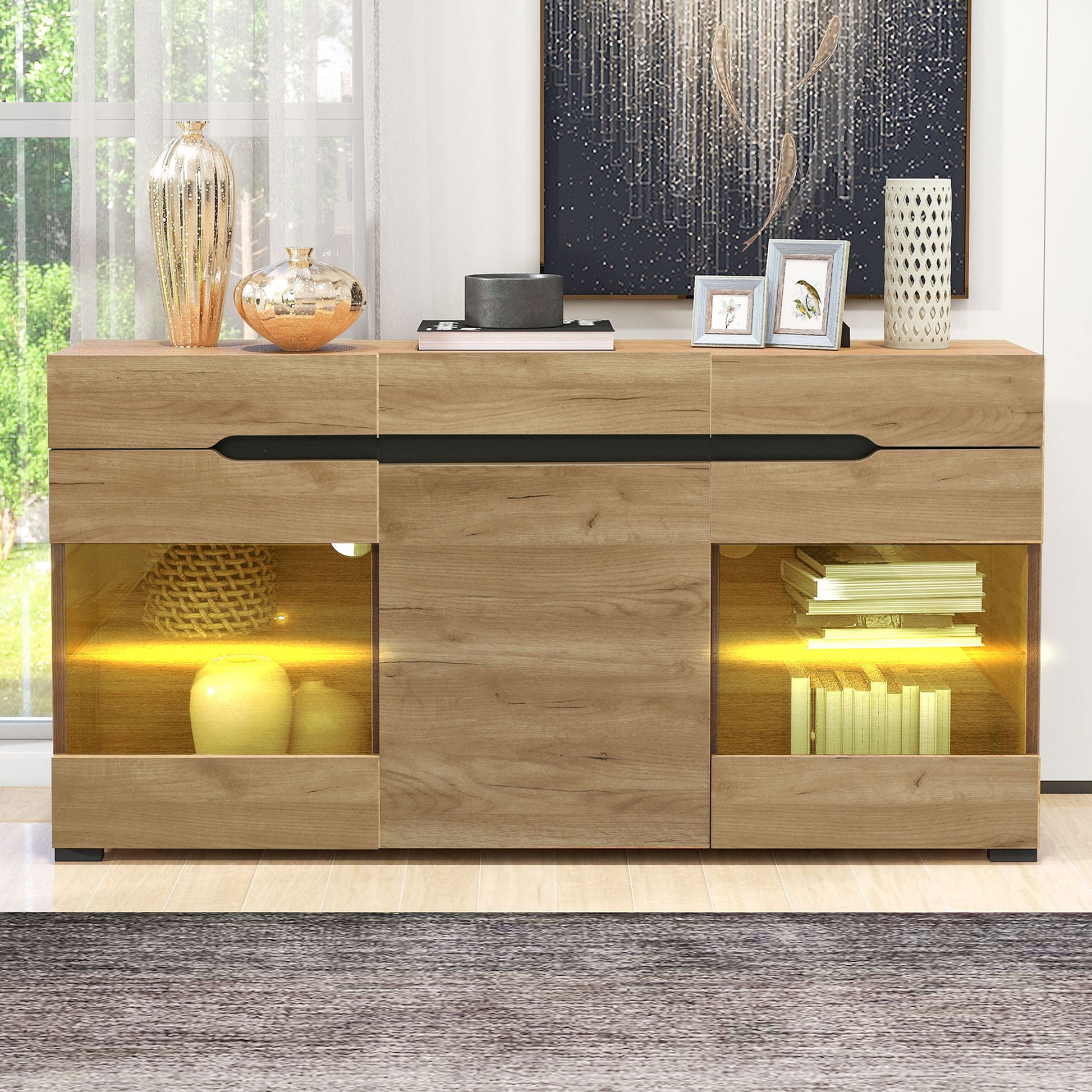 =306354355BAA LED Sideboard Schrank Modern Wohnzimmer Anrichte Möbel 3 Türen 3 Schubladen Moderne Kommode mit viel Stauraum für Ihren Wohnbereich