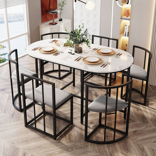 Gigab2b original image - Sechs-Stuhl Esstischset:(Weißer Tisch, Stühle mit Rückenlehnen und grauen Polstern, Schwarzfarbenes Eisengestell),Esszimmertisch und Stuhlset,Moderne Esstischkombination(previous sku:308399408AAS)