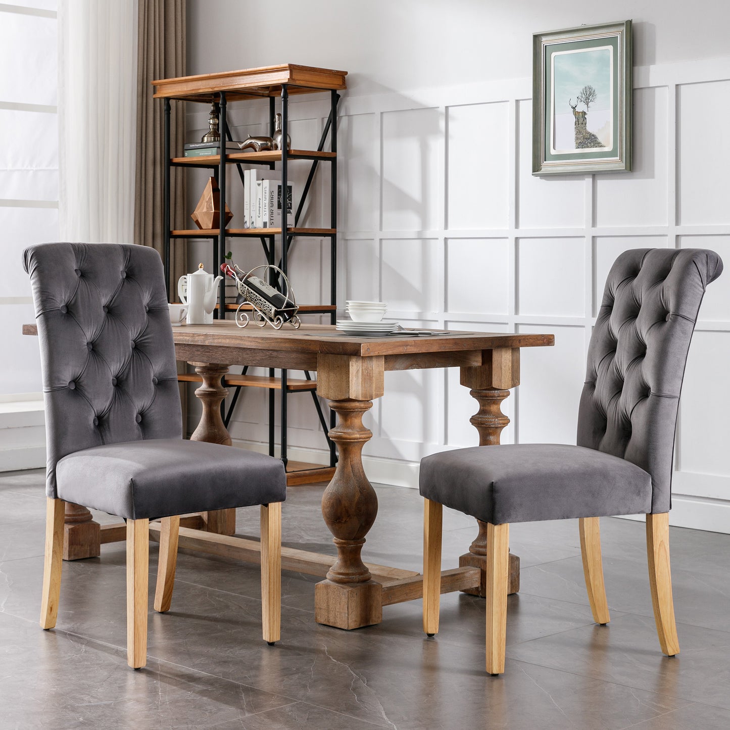 Gigab2b original image - Samt Esszimmerstühle 2er Set mit Eichenbeinen, Knopf, Chromklopfer Schlafzimmerstuhl Küchenstuhl Wohnzimmer Lounge Freizeitstuhl, Grau