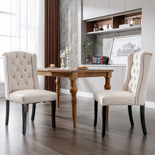 Gigab2b original image - Samt Esszimmerstühle 2er Set mit Eichenbeinen, Knopf, Chromklopfer und Nagelkopfbesatz Schlafzimmerstuhl Küchenstuhl Wohnzimmer Lounge Freizeitstuhl, Beige