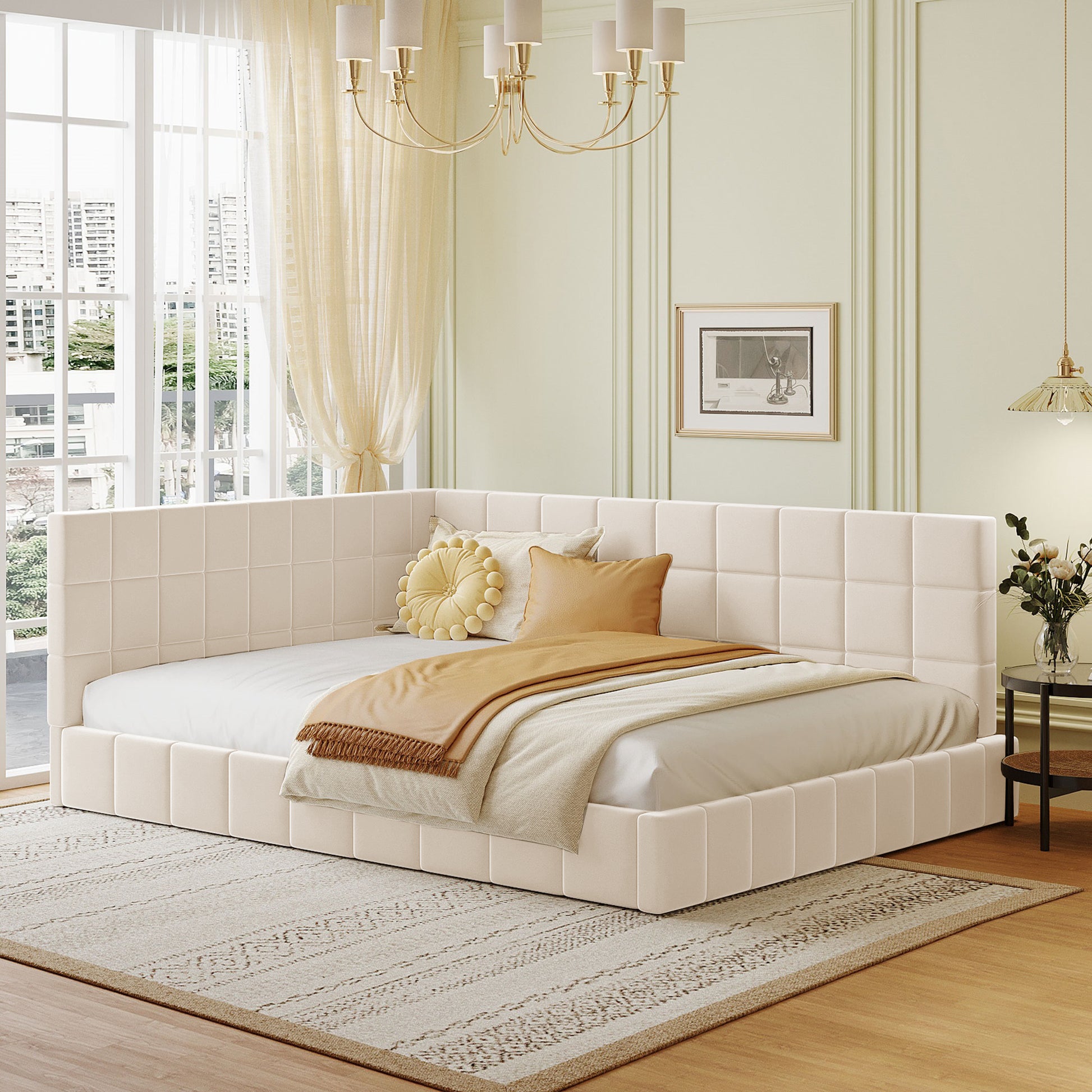 Gigab2b original image - Polsterbett Schlafsofa 140*200 Multifunktionsbett mit Lattenrost aus hautsympathischem Samtstoff Beige