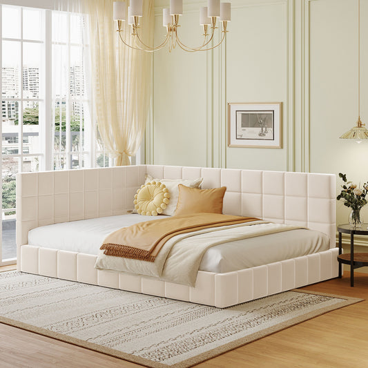 Gigab2b original image - Polsterbett Schlafsofa 140*200 Multifunktionsbett mit Lattenrost aus hautsympathischem Samtstoff Beige