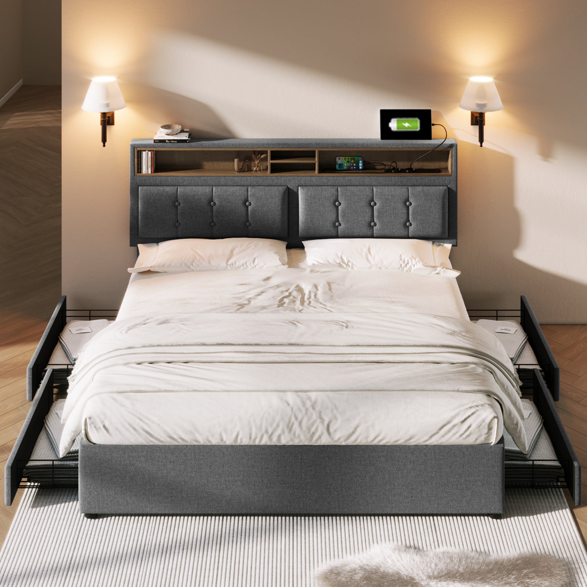 Gigab2b original image - Doppelbett mit  4 Schubladen& USB C Steckdose, Polsterbett 160x200cm, Höhenverstellbarem Kopfteil, Lattenrost aus Holz(Ohne Matratze)