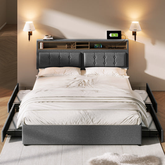 Gigab2b original image - Doppelbett mit  4 Schubladen& USB C Steckdose, Polsterbett 160x200cm, Höhenverstellbarem Kopfteil, Lattenrost aus Holz(Ohne Matratze)