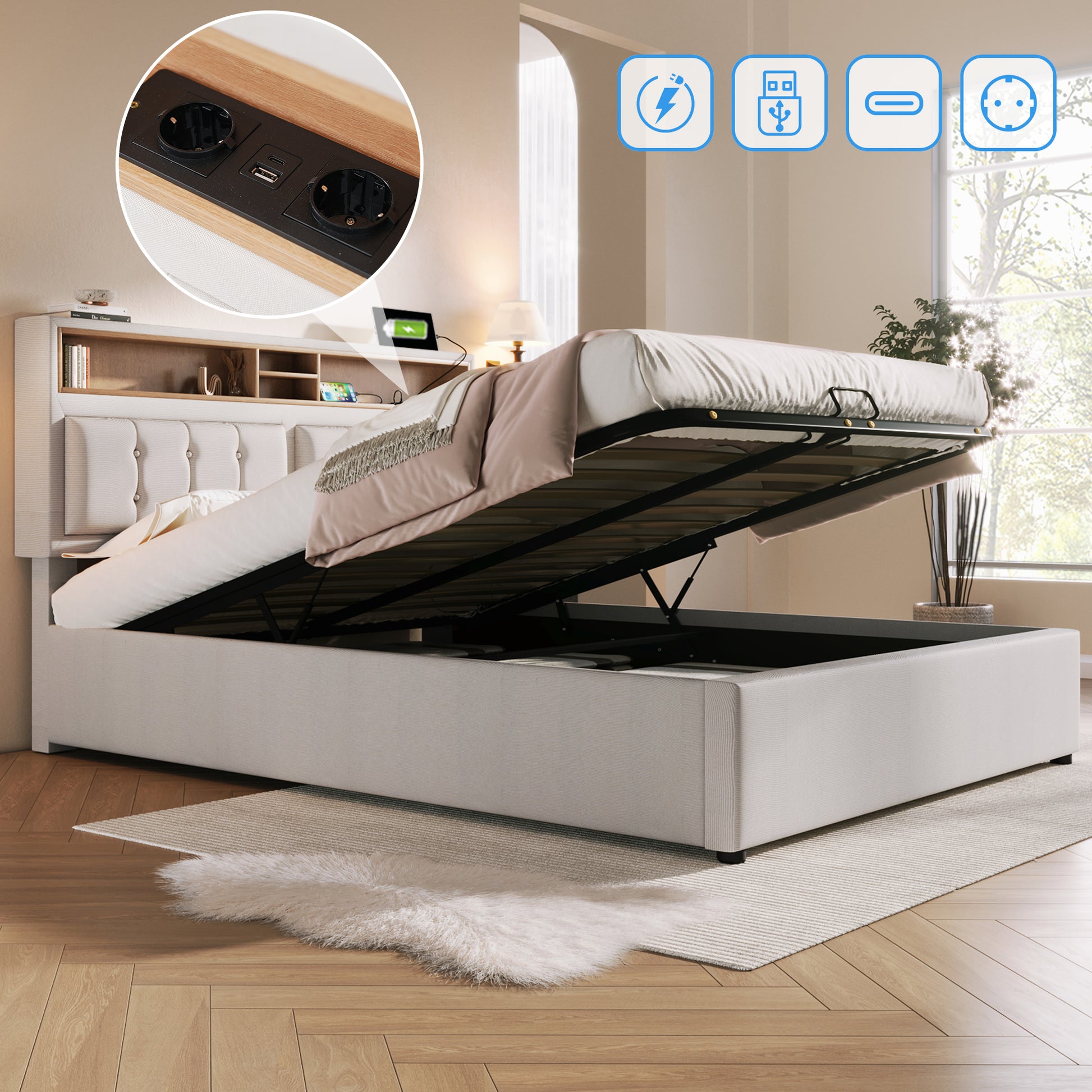 Gigab2b original image - Polsterbett Doppelbett mit USB C Steckdose Ladefunktion Kopfteil,Stauraumbetten Bettgestell aus Leinenmaterial Jugendbett 140x200 mit lattenrost(Ohne Matratze)