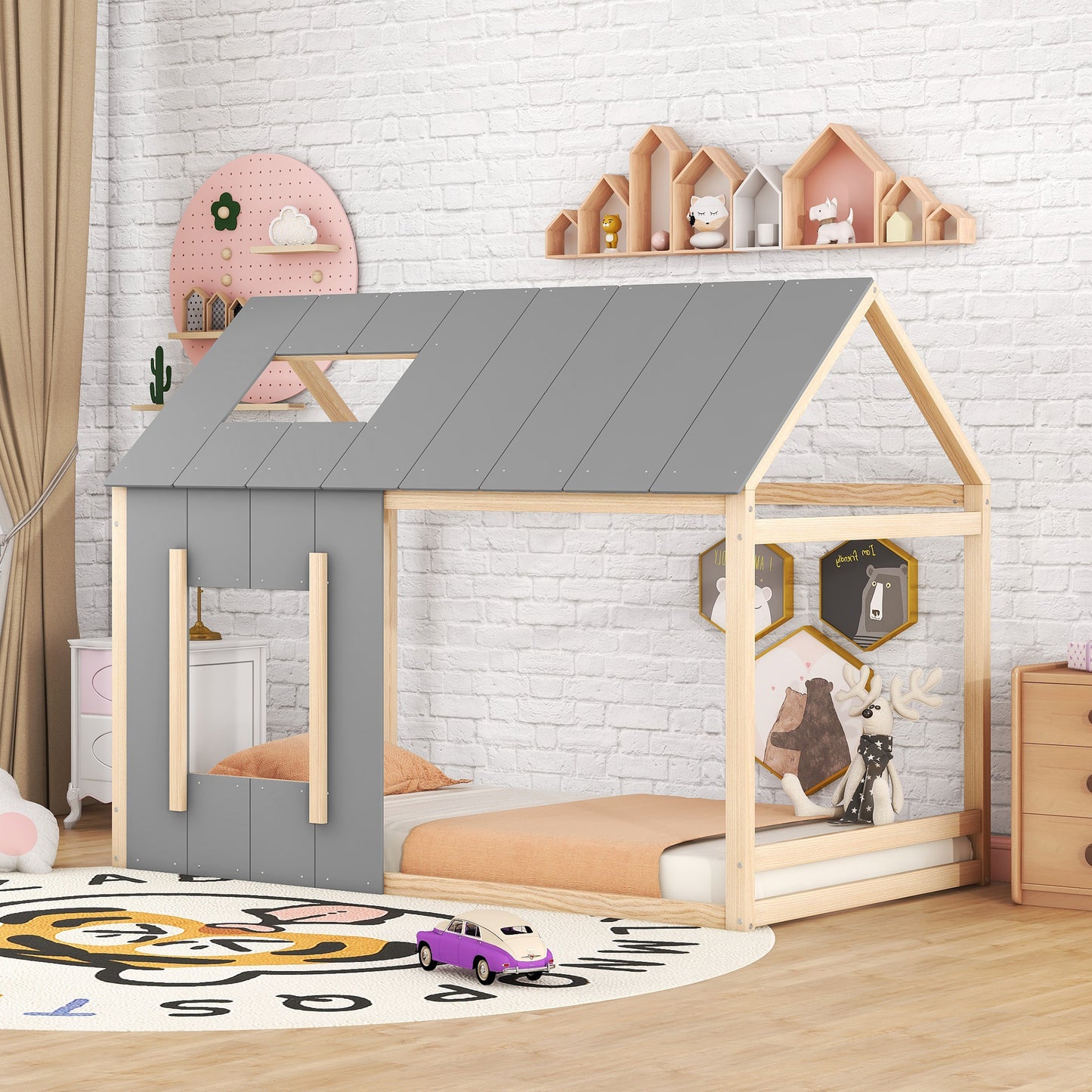 90 x 200 Kinderbett, Kinderbett in Hausform, Einzelhaus-Flachbett mit Dach und Fenster, Natur + Grau (ETA:12/8)
