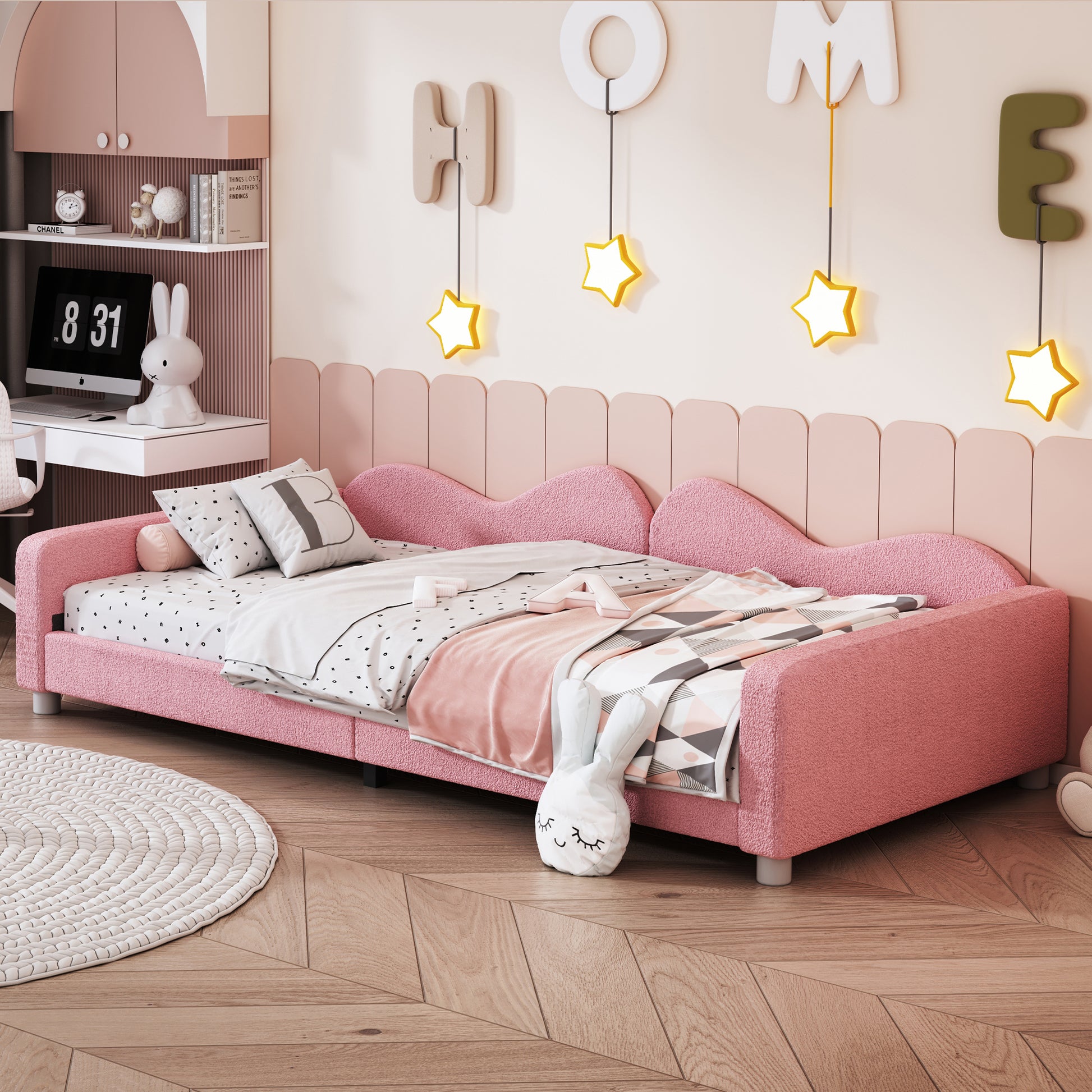 Gigab2b original image - Kinderbett Polsterbett 90*200cm, Schlafsofa Bettgestell Teddystoff  Multifunktionales weiches Bett mit Rückenlehne und Armlehnen Jugendbett Gästebett rosa
