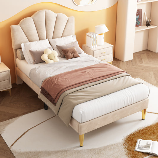 Gigab2b original image - Samt, Polsterbett, 90*200 cm, muschelartiges Bett mit goldenen Eisenbeinen, höhenverstellbares Kopfteil, Holzlattenrost, Beige