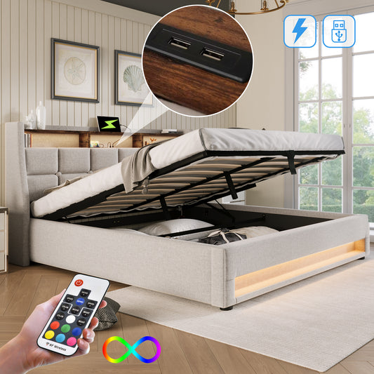 (=AB20122930B)Polsterbett mit USB 180x200cm,LED Doppelbett  mit Lattenrost aus Metallrahmen,Bettgestell aus Leinenmaterial Jugendbett (Ohne Matratze)