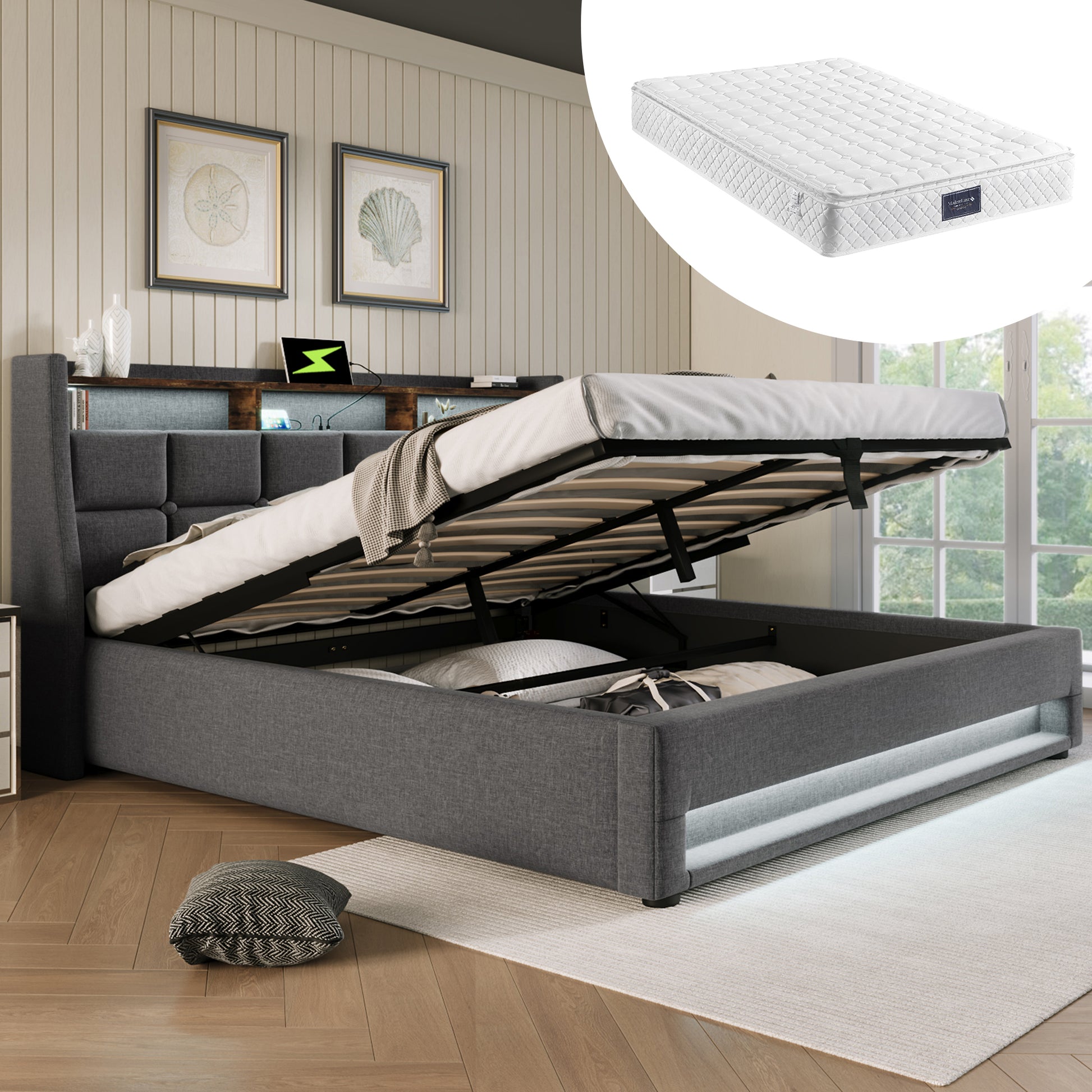 Gigab2b original image - Polsterbett mit USB 160x200cm,LED Doppelbett  mit Lattenrost aus Metallrahmen,Bettgestell aus Leinenmaterial Jugendbett (Mit Matratze)