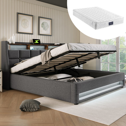 Gigab2b original image - Polsterbett mit USB 160x200cm,LED Doppelbett  mit Lattenrost aus Metallrahmen,Bettgestell aus Leinenmaterial Jugendbett (Mit Matratze)