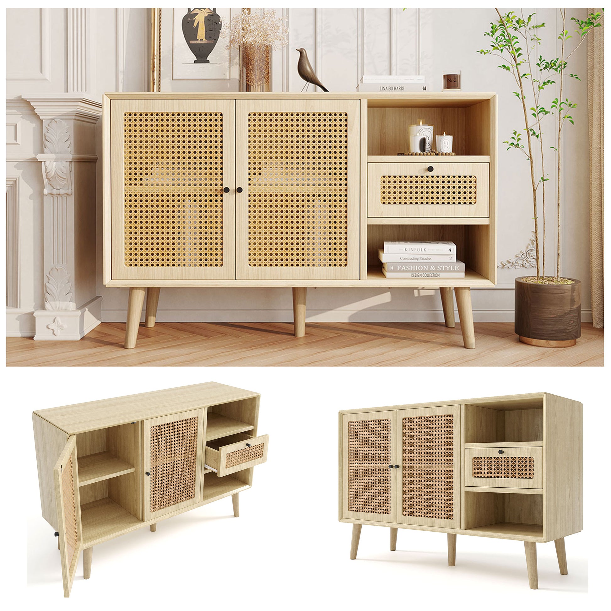 Gigab2b original image - Sideboard, Kommode mit 1 Schubladen  und 2 Magnetische Türen, Rattangeflecht auf den Türfronten, Beine aus massivem Holz,Schwarz Metall Bügelgriff,verstellbare Ablagen,Eiche,120x 40x80cm