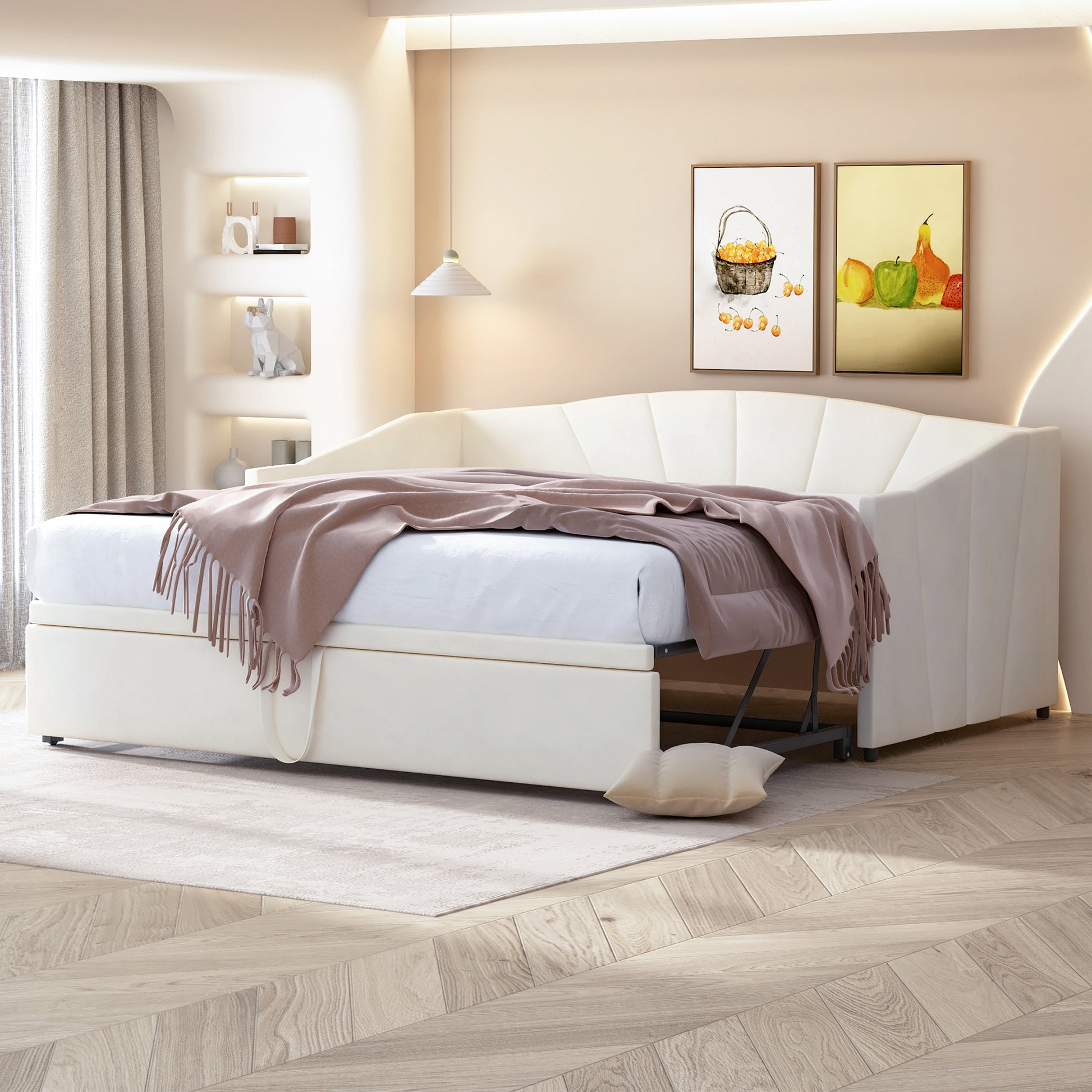 Gigab2b original image - Polsterbett Ausziehbares Schlafsofa 90/180*200 cm  mit Lattenrosten, Multifunktionsbett aus hautfreundlichem Samtstoff Beige