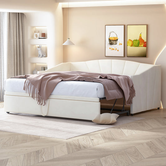 Gigab2b original image - Polsterbett Ausziehbares Schlafsofa 90/180*200 cm  mit Lattenrosten, Multifunktionsbett aus hautfreundlichem Samtstoff Beige