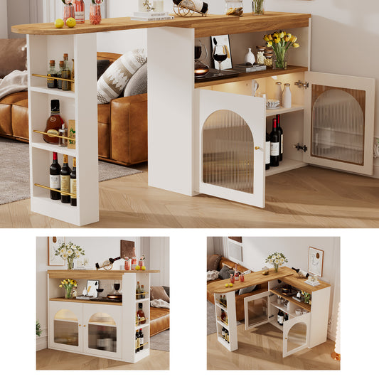 138-193X39X105CM Moderner ausziehbarer Bartisch ,Ausziehbarer Esstisch mit Stauraum , Stehtisch Bistrotisch, drehbar, für Esszimmer,Mit 1m langem LED Lichtstreifen(Einstellbare Lichtfarbe),Weiß