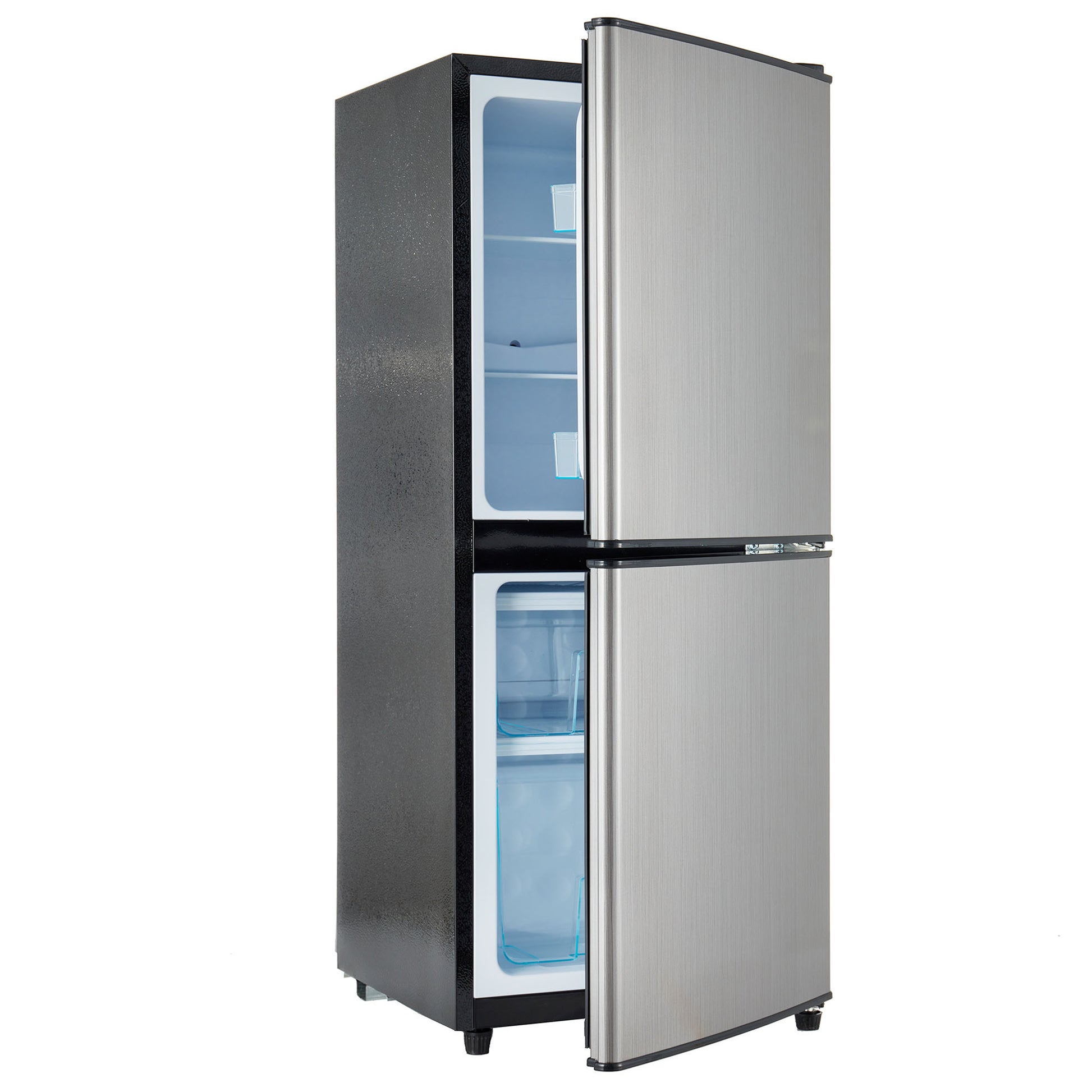 106L energiesparender Minikühlschra, 60-l-Kühlschrank + 46-l-Gefrierschrank, 7 Temperatureinstellungen, silberne Tür + schwarzer Korpus, LED-Beleuchtung, verstellbare Einlegeböden, 166 kWh/Jahr, 45 dB