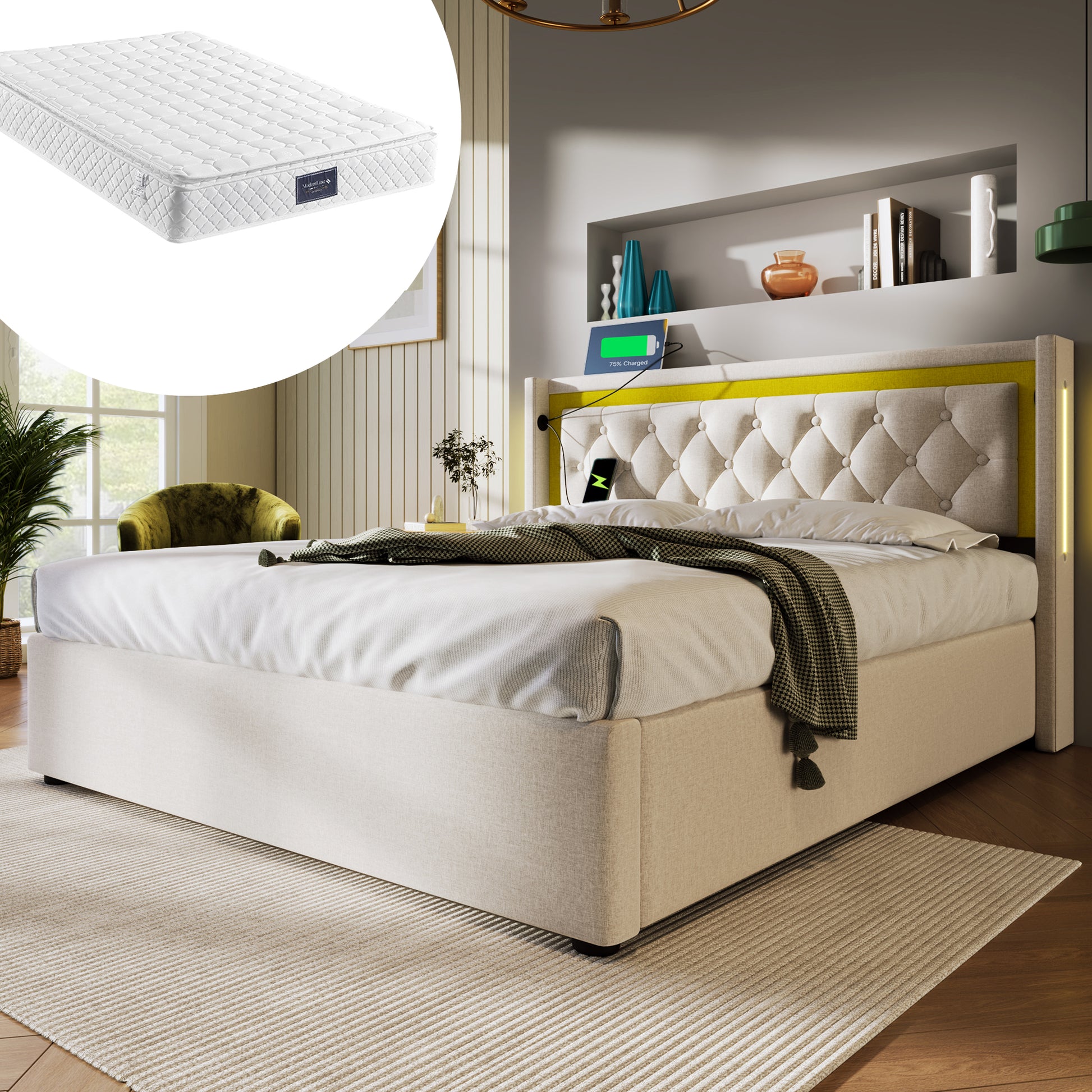 Gigab2b original image - Polsterbett LED Doppelbett Stauraum Bettkasten mit USB Typ C Ladefunktion Kopfteil,Stauraumbetten Bettgestell aus Baumwolle Jugendbett 140x200 mit lattenrost(Mit Matratze)