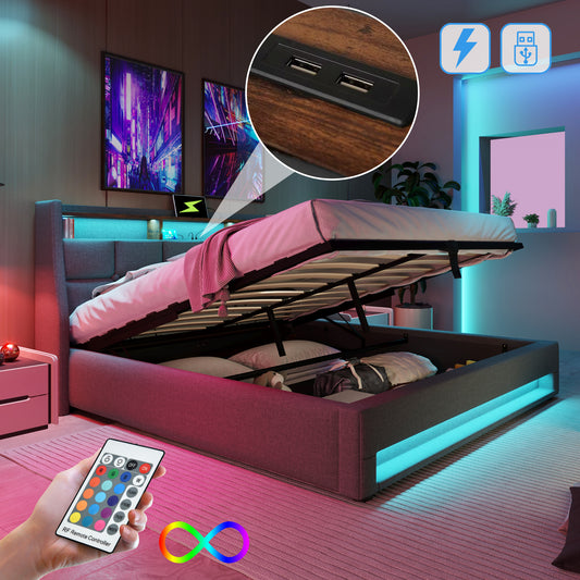 Gigab2b original image - Polsterbett mit USB 180x200cm,LED Doppelbett  mit Lattenrost aus Metallrahmen,Bettgestell aus Leinenmaterial Jugendbett (Ohne Matratze)