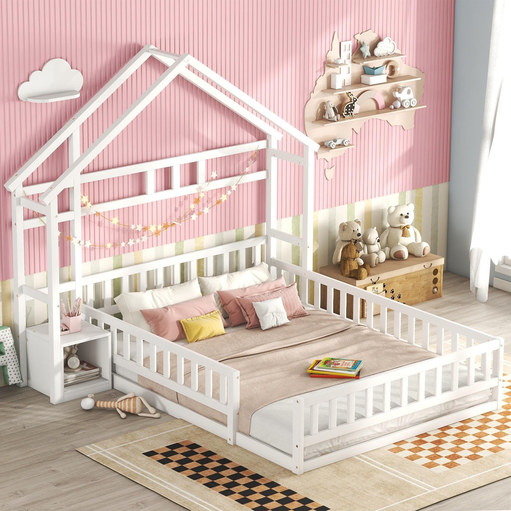 140 x 200cm Kinderbetten, Flachbetten, Hausbetten mit Geländer, Kinderbetten mit Nachttischen, Weiß