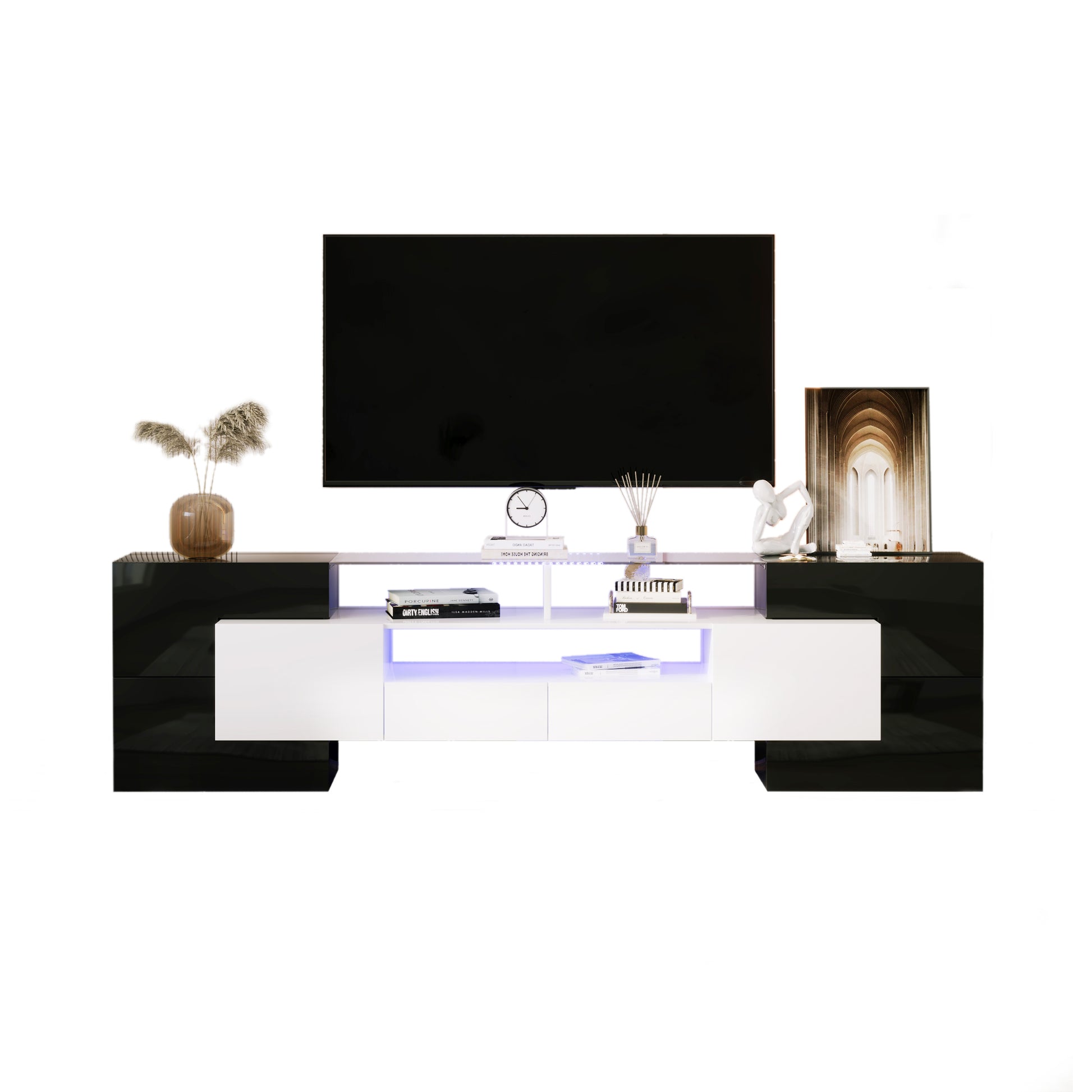 Gigab2b original image - Stilvoller TV-Schrank, niedriges Panel. Hochglanz-Weiß und Schwarz, 200 cm, LED-Beleuchtung  Wohnzimmermöbel. Modernes Design. Elegante Glasoberfläche.